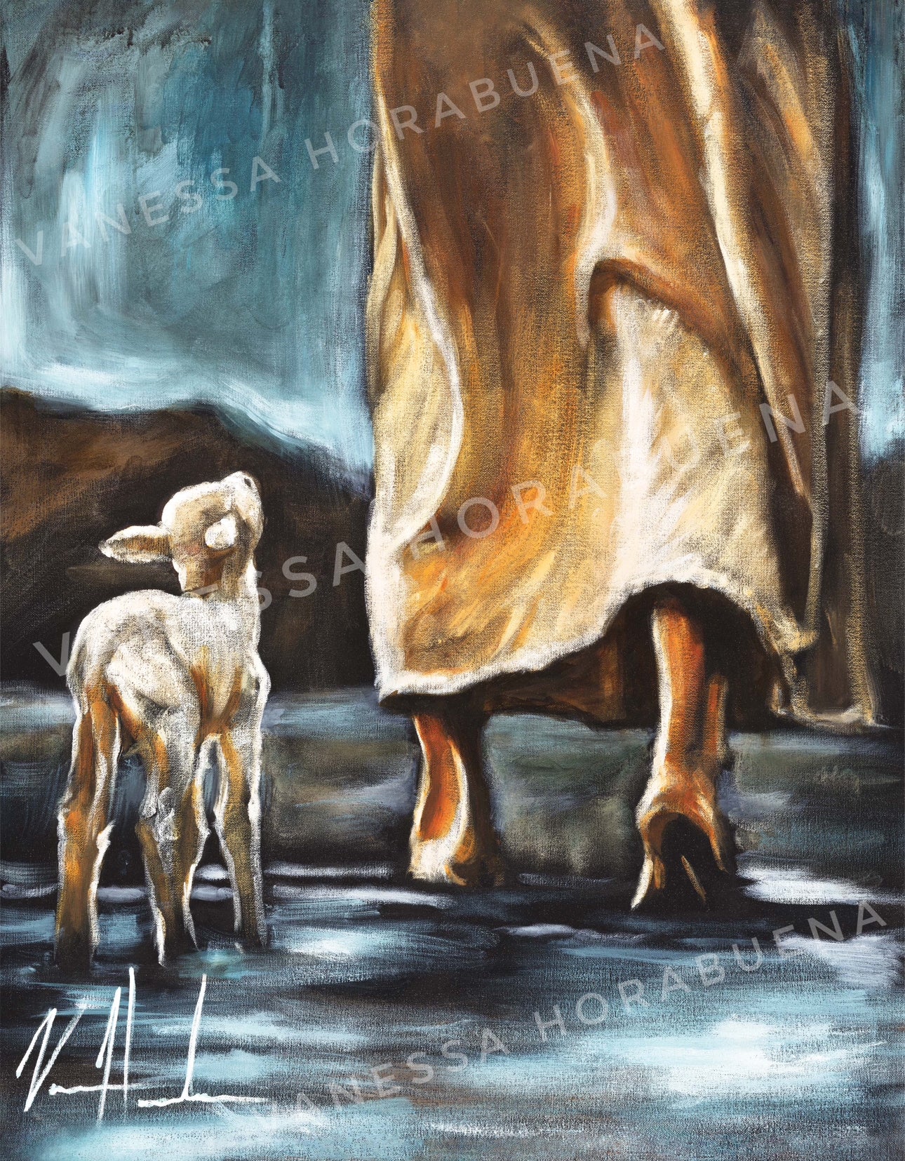 NEW COLOR EDIT - My Sheep Listen to My Voice (Hand Embellished Canvas Print) Jesus Art Print Vanessa Horabuena