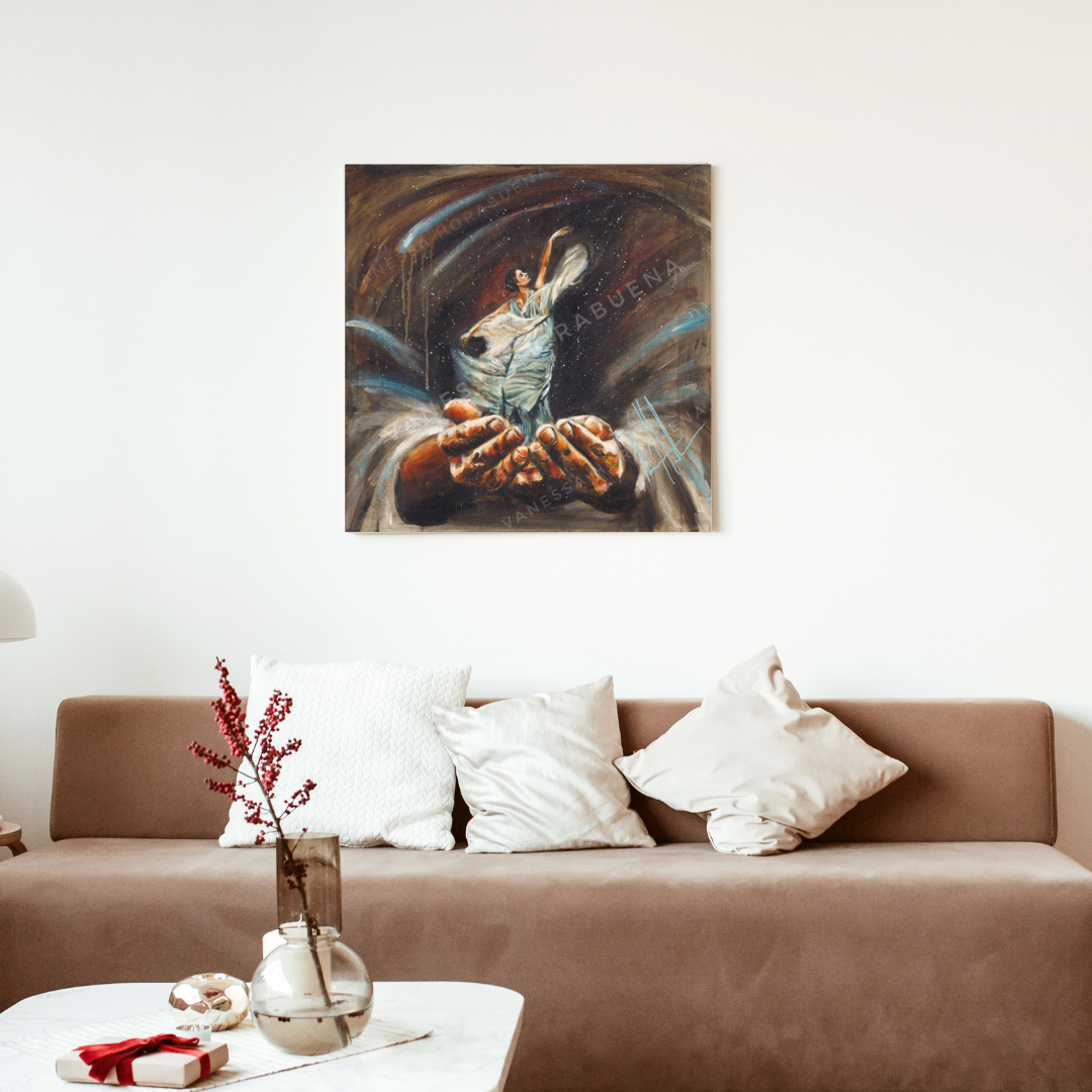 Endless Dance in the Father’s Hands - Brunette Version (Hand Embellished Canvas Print) Women's Art Print Vanessa Horabuena