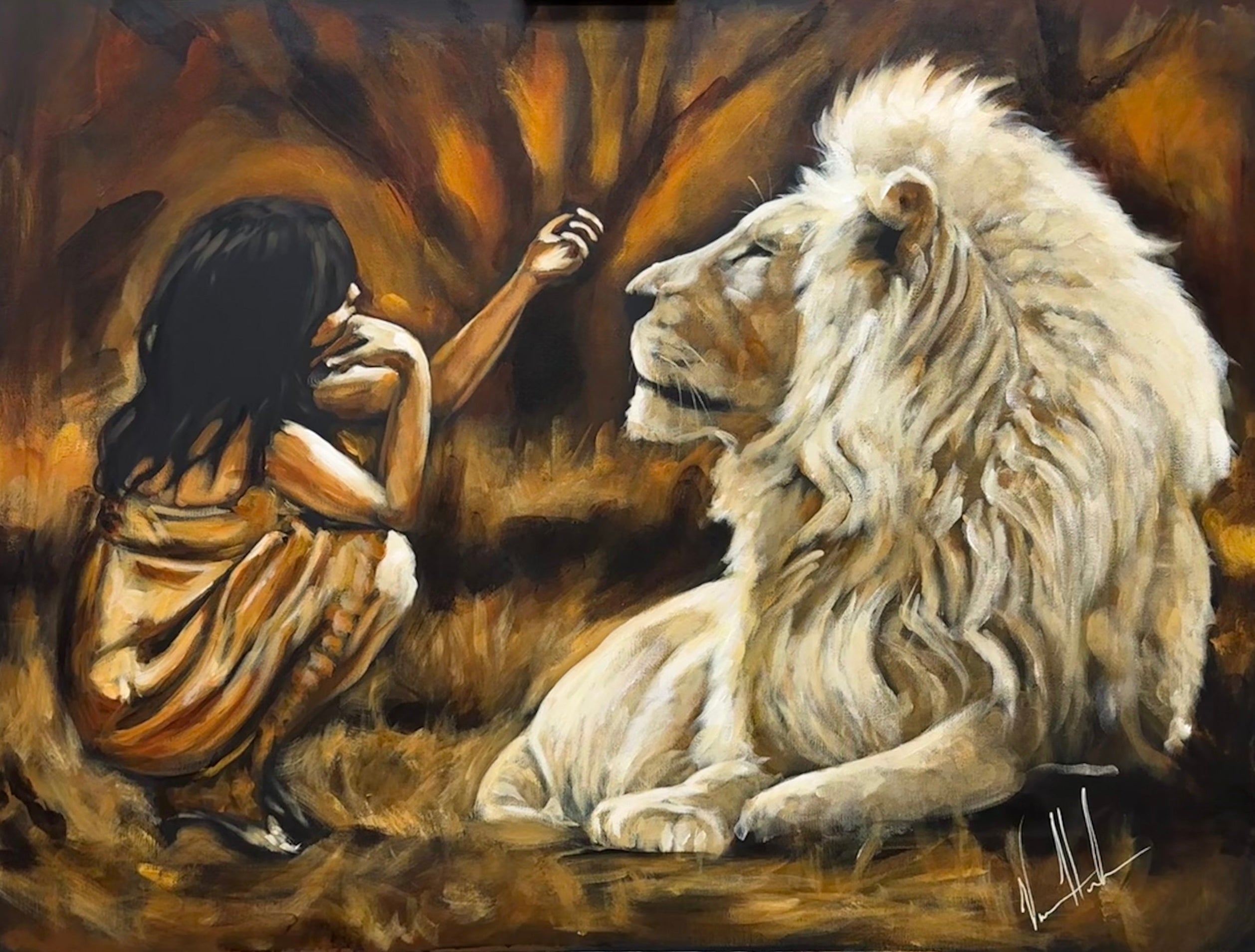 Intimacy with God - To Touch the Heart of the King (Hand Embellished Canvas Print) Women's Art Print, Lion Art Print Vanessa Horabuena