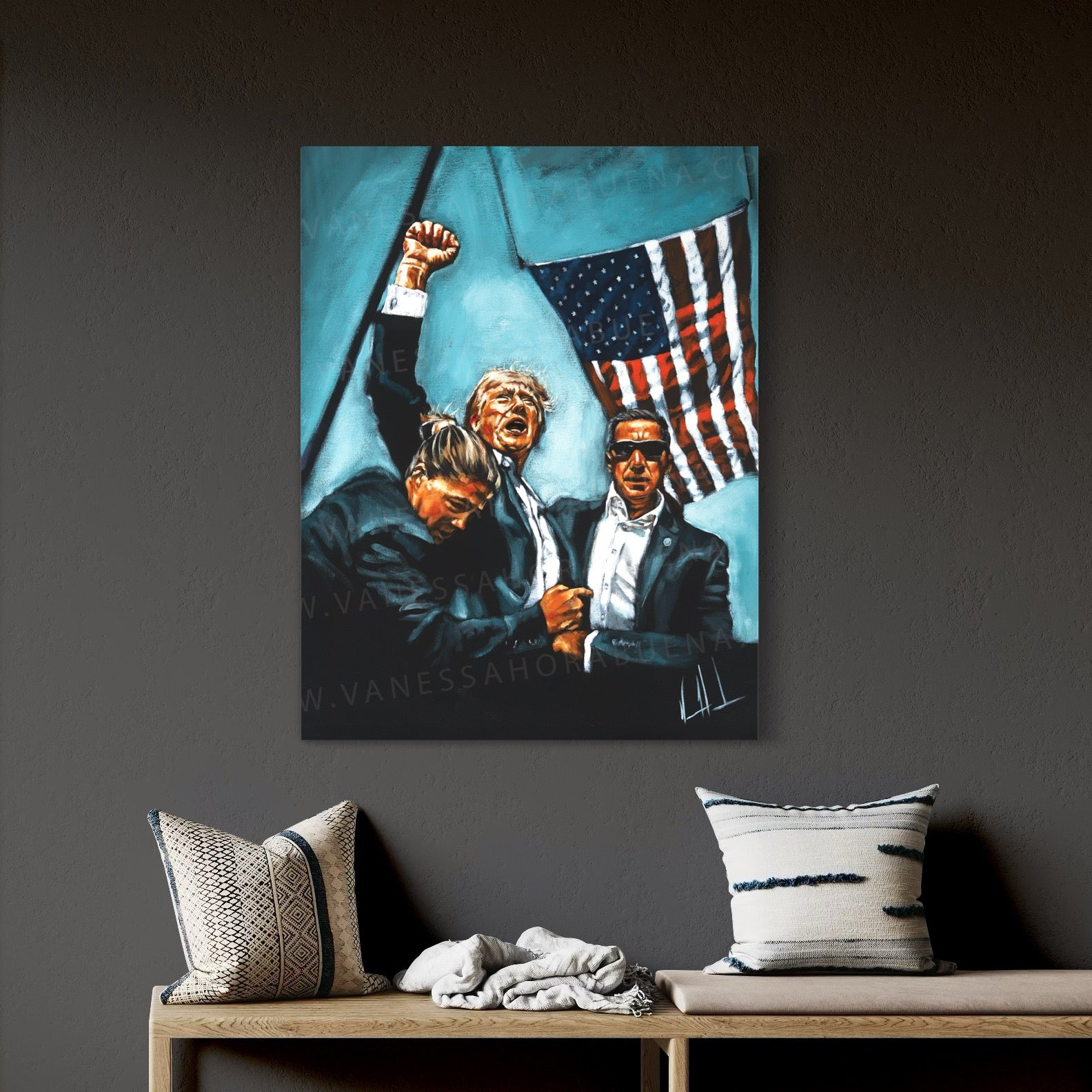 Never Surrender (Blue Background) (Hand Embellishment Canvas Print) Patriotic Art Print Vanessa Horabuena