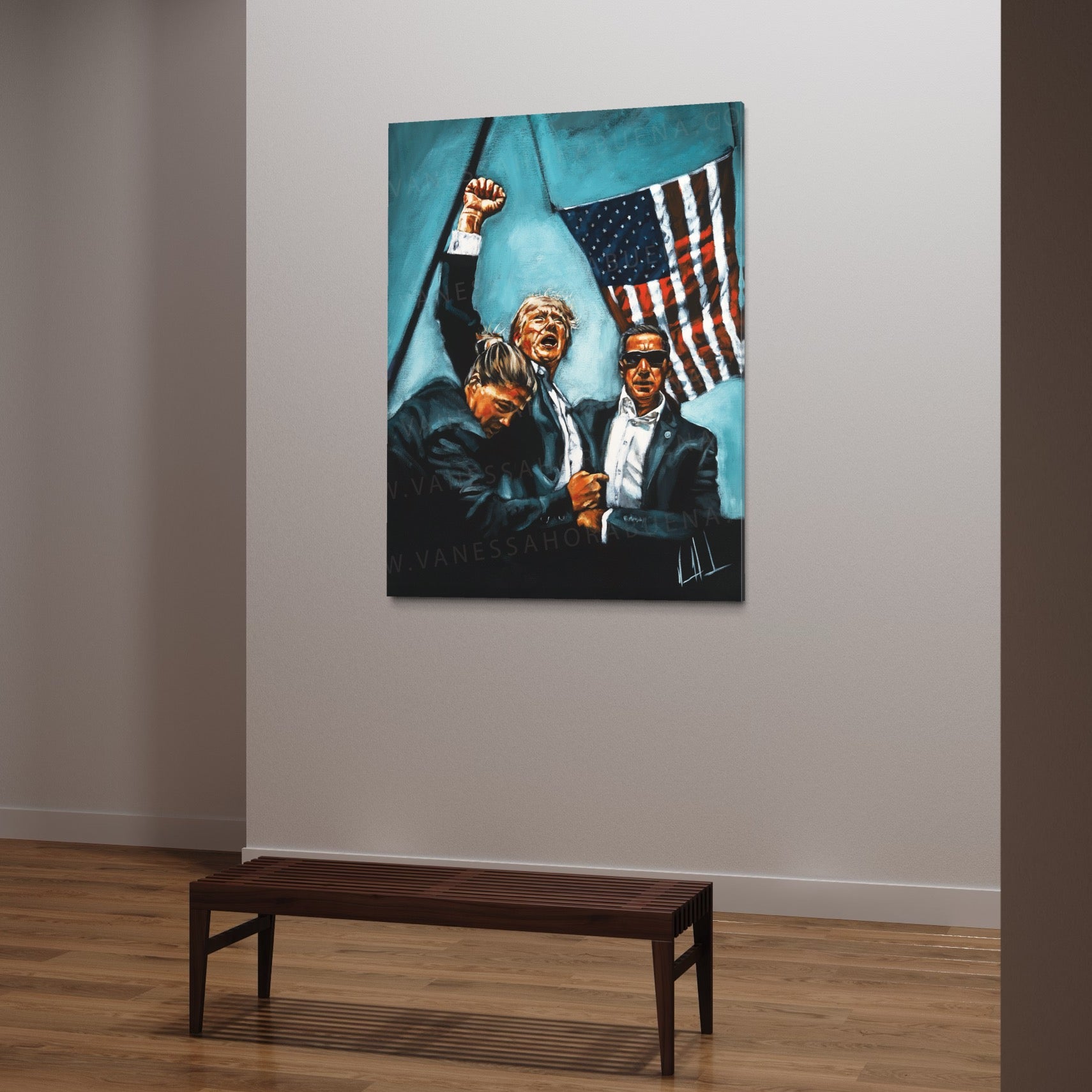 Never Surrender (Blue Background) (Hand Embellishment Canvas Print) Patriotic Art Print Vanessa Horabuena