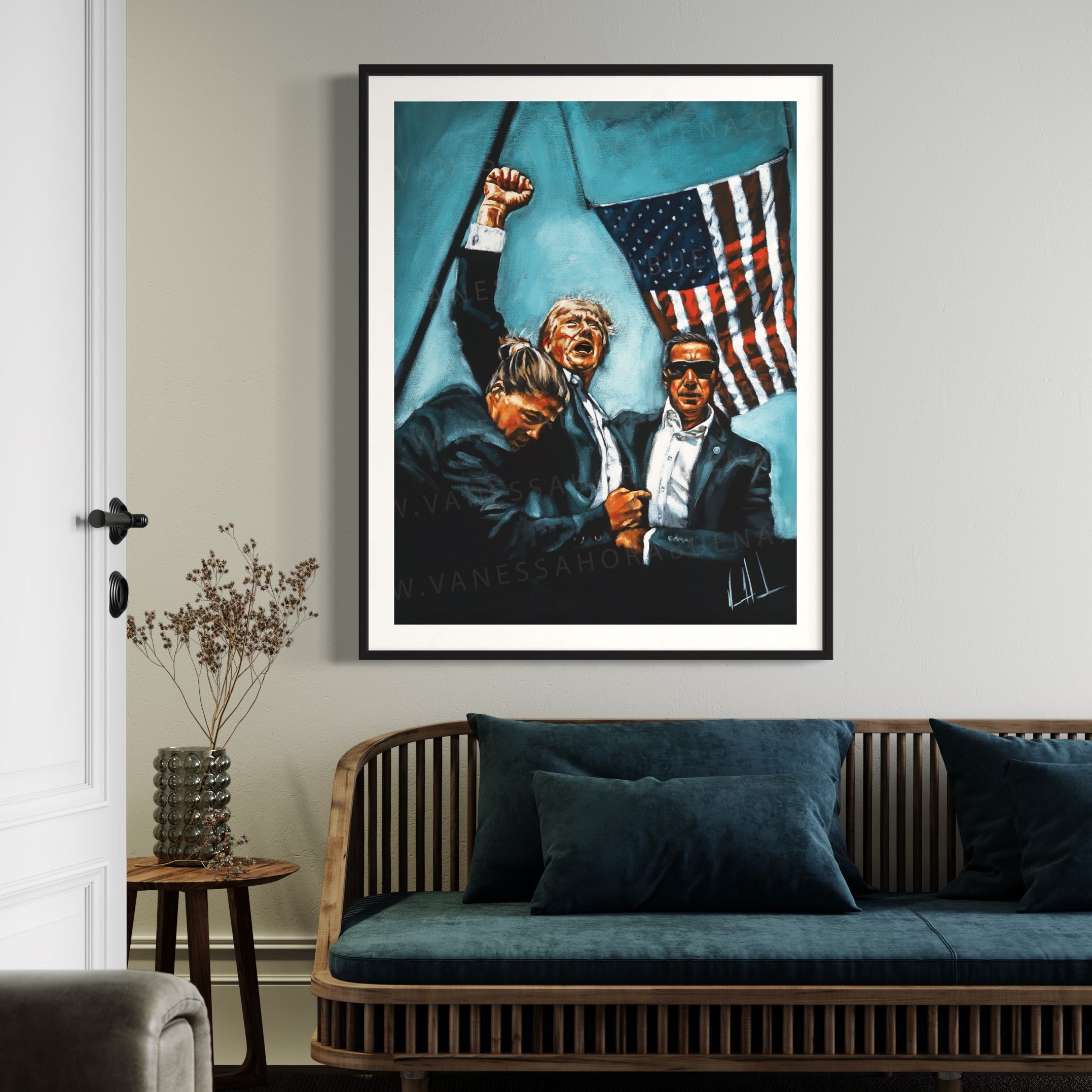 Never Surrender (Blue Background) (Hand Embellishment Canvas Print) Patriotic Art Print Vanessa Horabuena