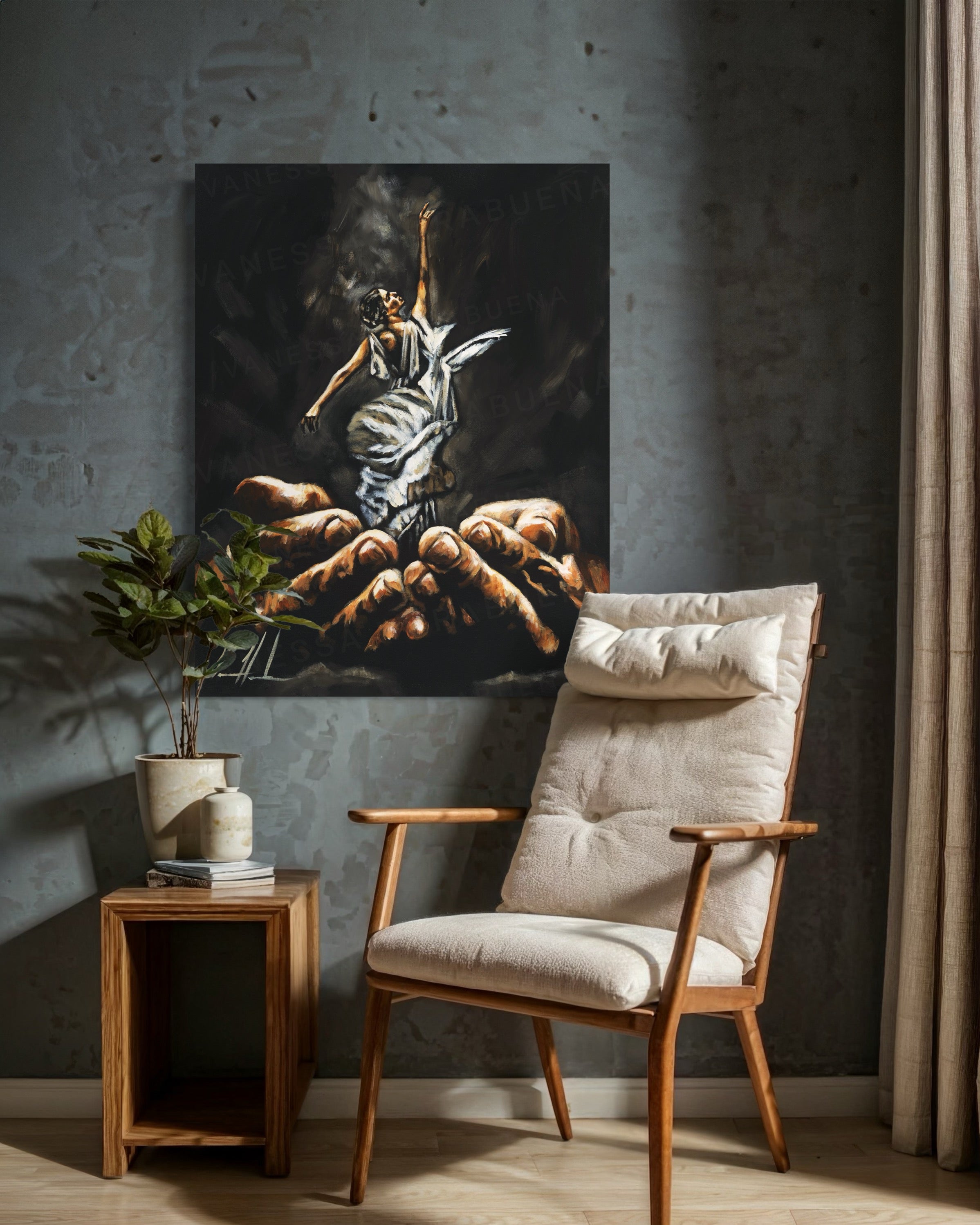 Endless Dance in the Father’s Hands - Black Background (Hand Embellished Canvas Print) Women's Art Print Vanessa Horabuena