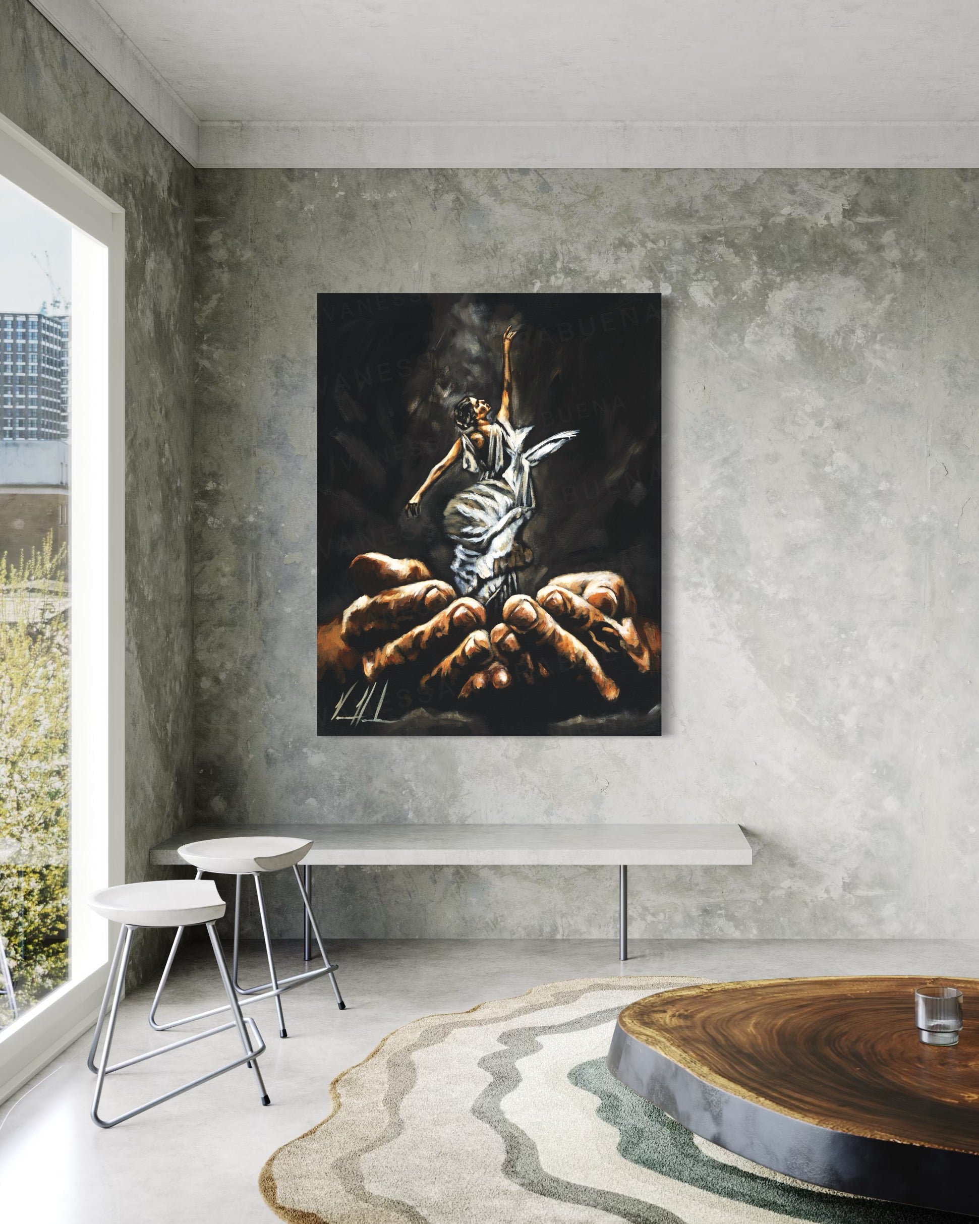 Endless Dance in the Father’s Hands - Black Background (Hand Embellished Canvas Print) Women's Art Print Vanessa Horabuena