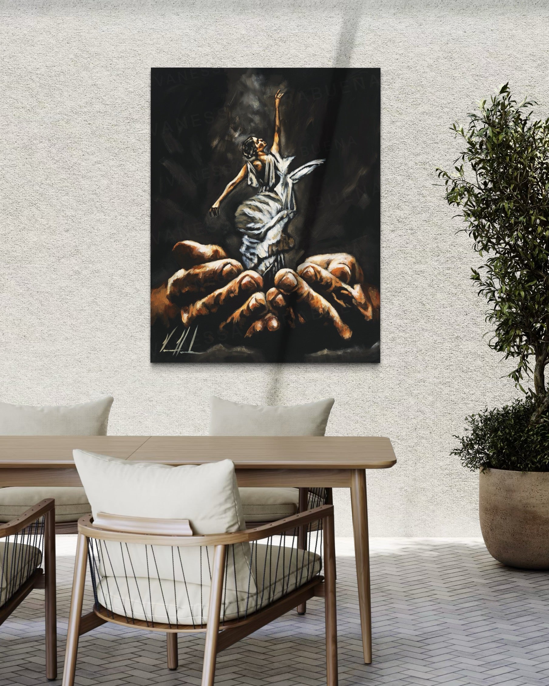 Endless Dance in the Father’s Hands - Black Background (Hand Embellished Canvas Print) Women's Art Print Vanessa Horabuena