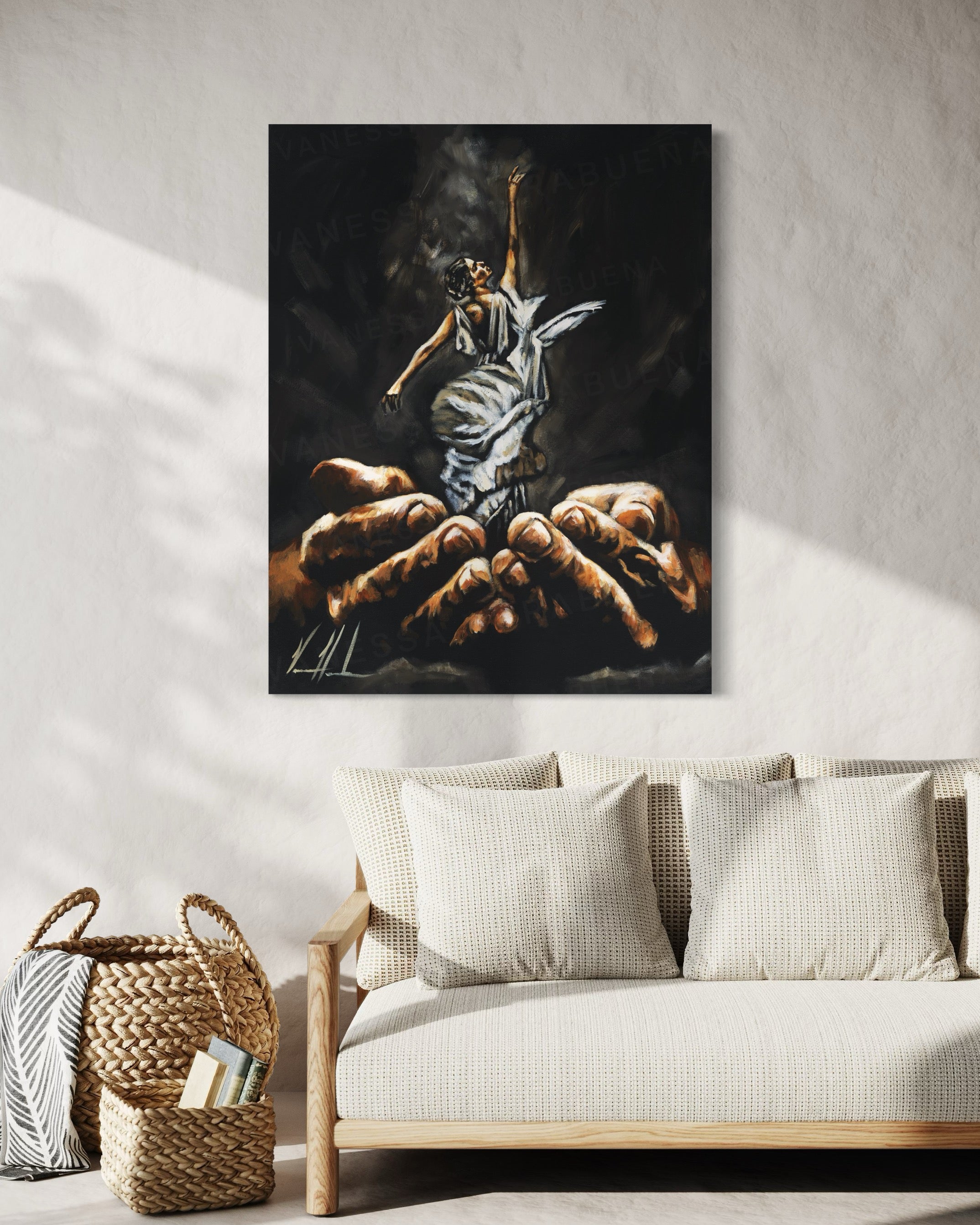 Endless Dance in the Father’s Hands - Black Background (Hand Embellished Canvas Print) Women's Art Print Vanessa Horabuena