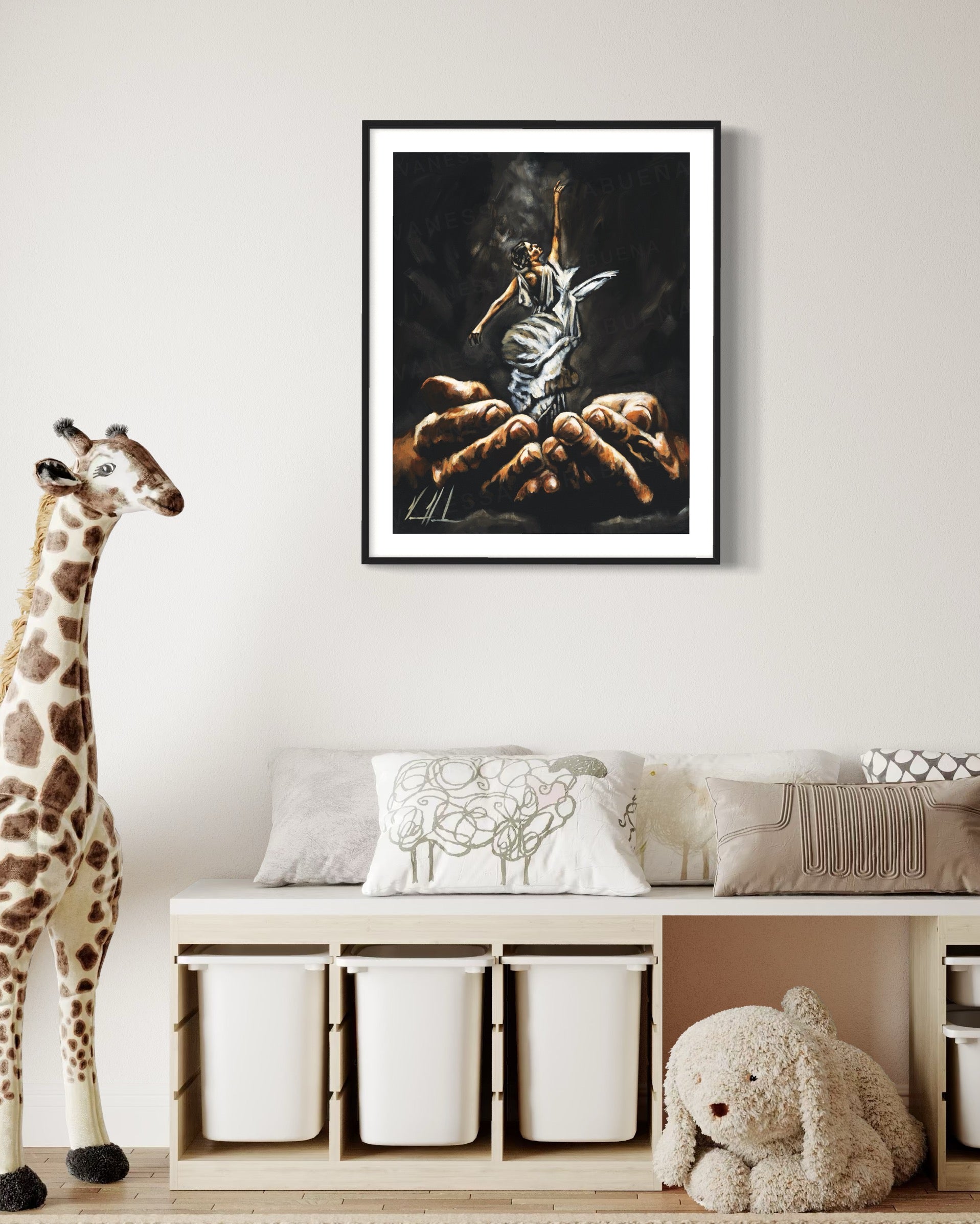 Endless Dance in the Father’s Hands - Black Background (Hand Embellished Canvas Print) Women's Art Print Vanessa Horabuena