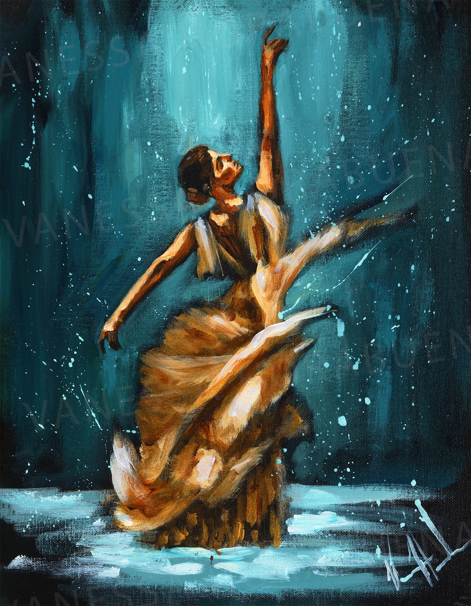 I’ll Praise You Through the Storm (Gold Dress Edition) (Hand Embellished Canvas Print) Women's Art Print Vanessa Horabuena