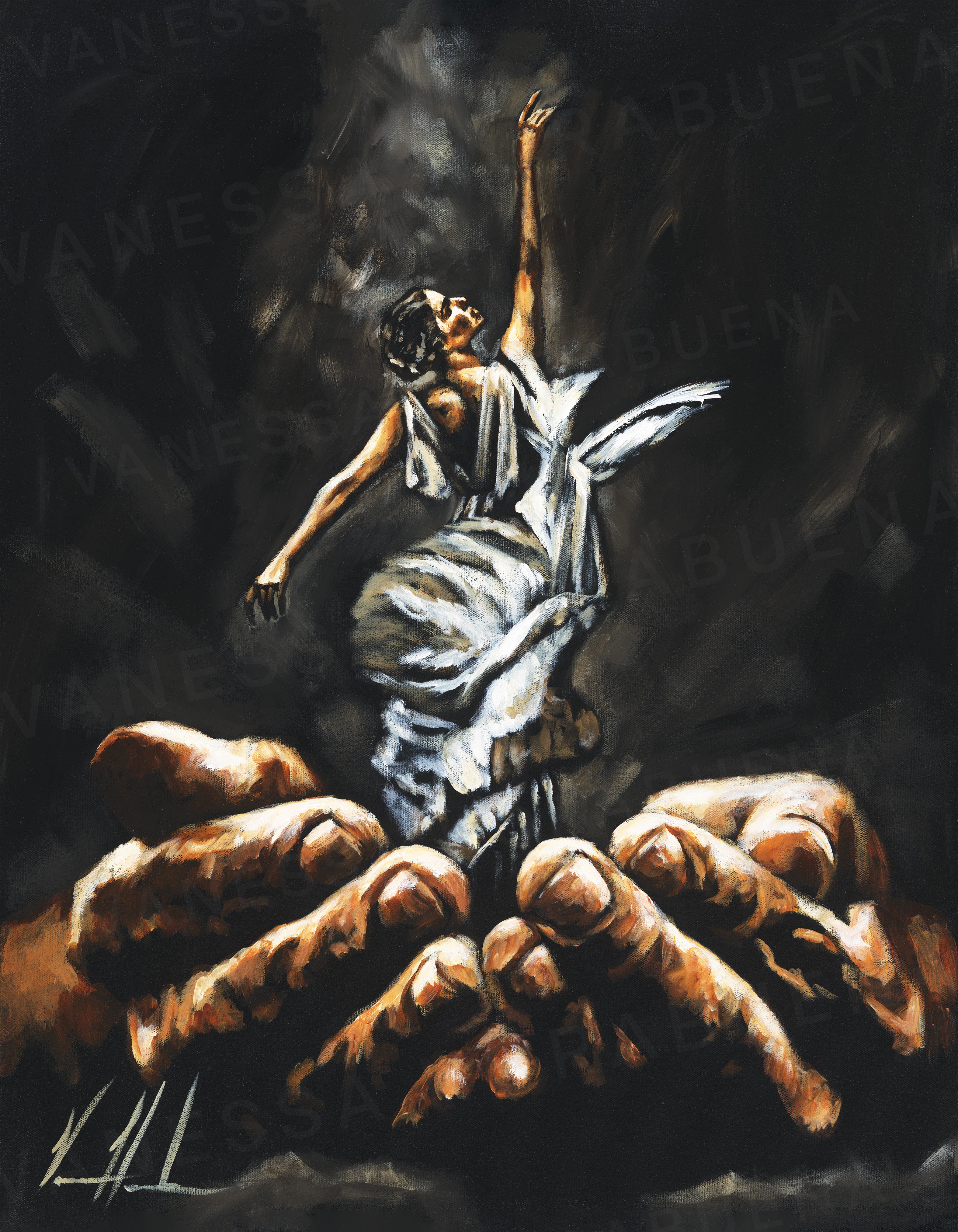 Endless Dance in the Father’s Hands - Black Background (Hand Embellished Canvas Print) Women's Art Print Vanessa Horabuena