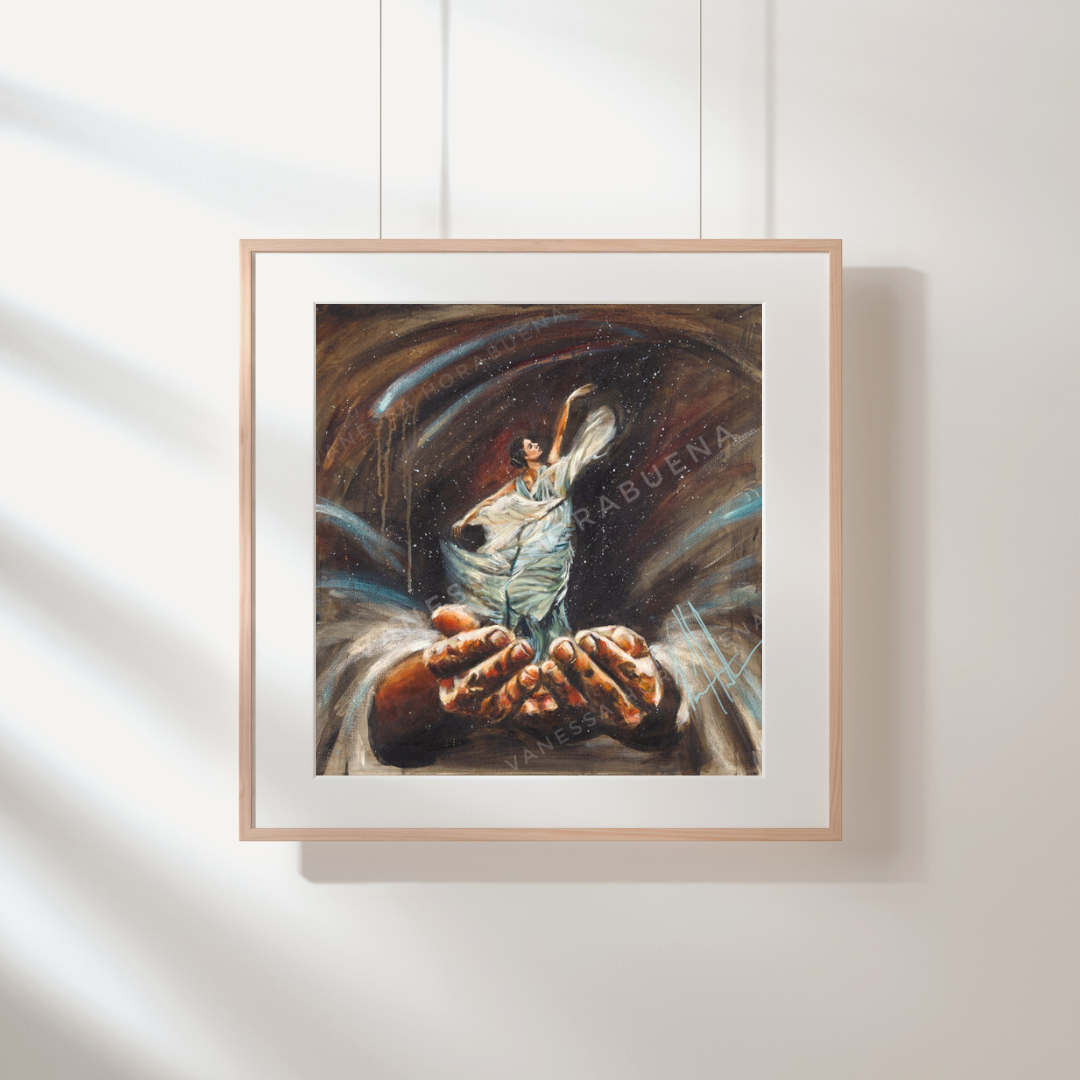 Endless Dance in the Father’s Hands - Brunette Version (Hand Embellished Canvas Print) Women's Art Print Vanessa Horabuena