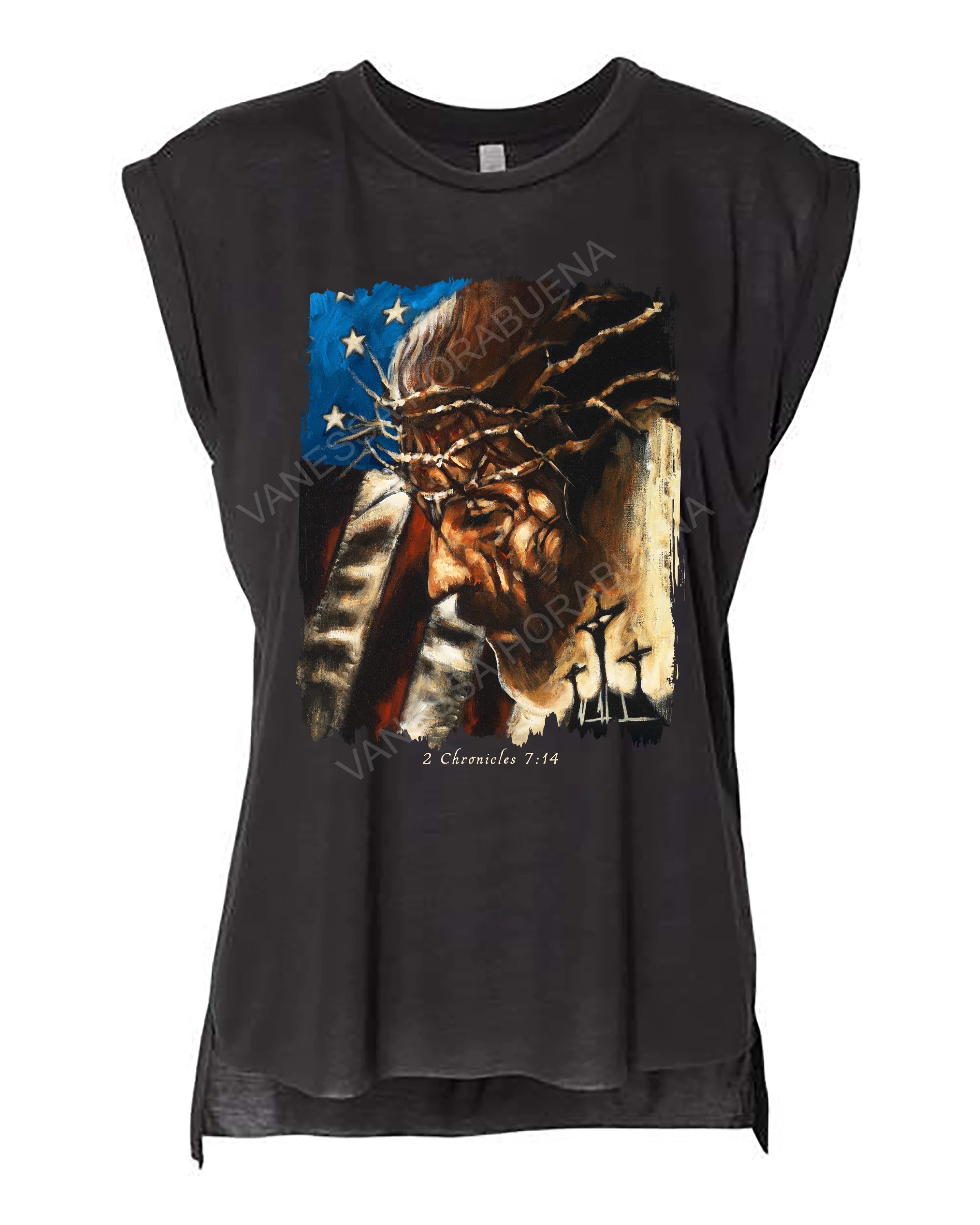 One Nation Under God - Ladies Rolled Sleeve Muscle T-Shirt Vanessa Horabuena Black Small