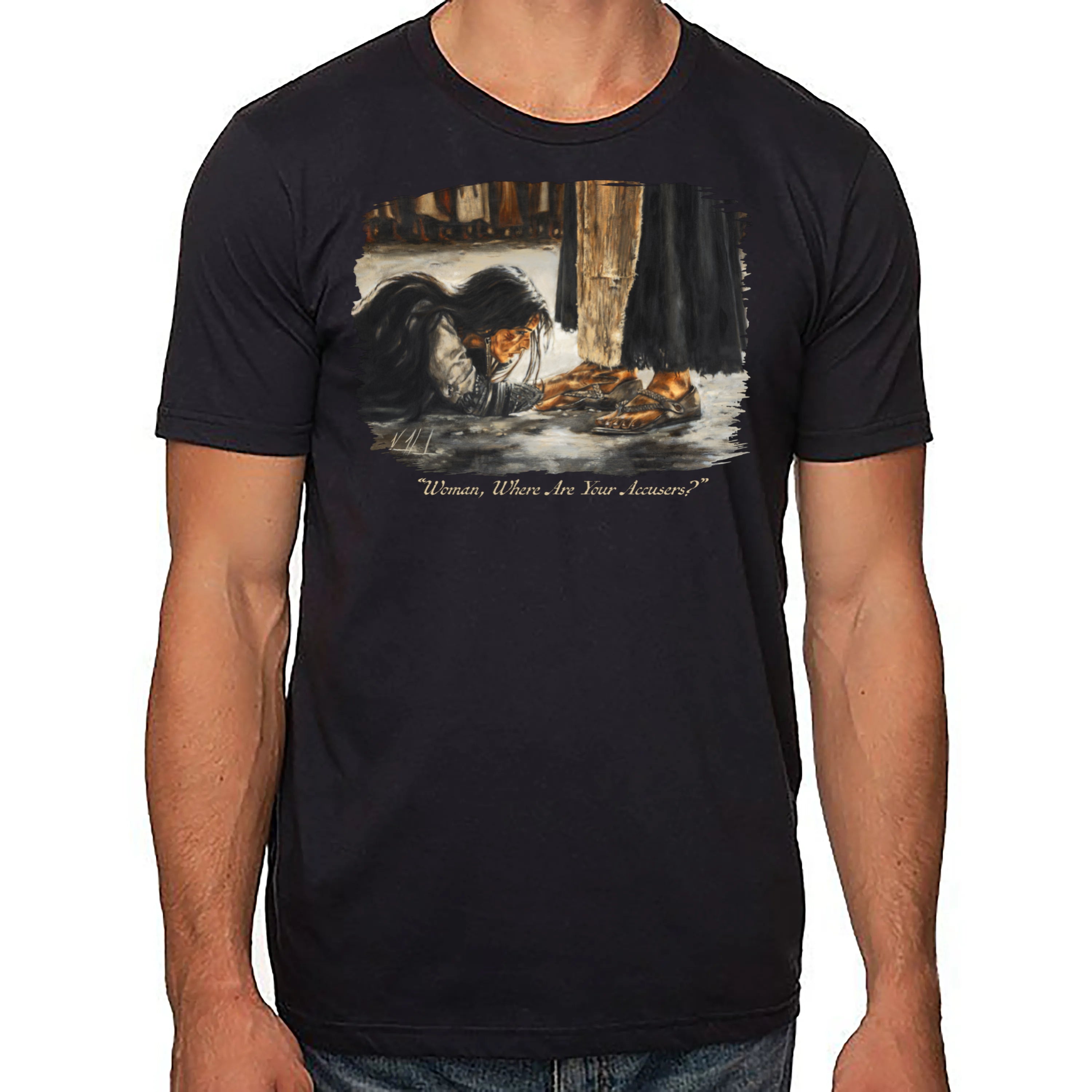 Woman, Where Are Your Accusers? - Unisex T (Premium Organic Fabric) Vanessa Horabuena Cotton Black Small