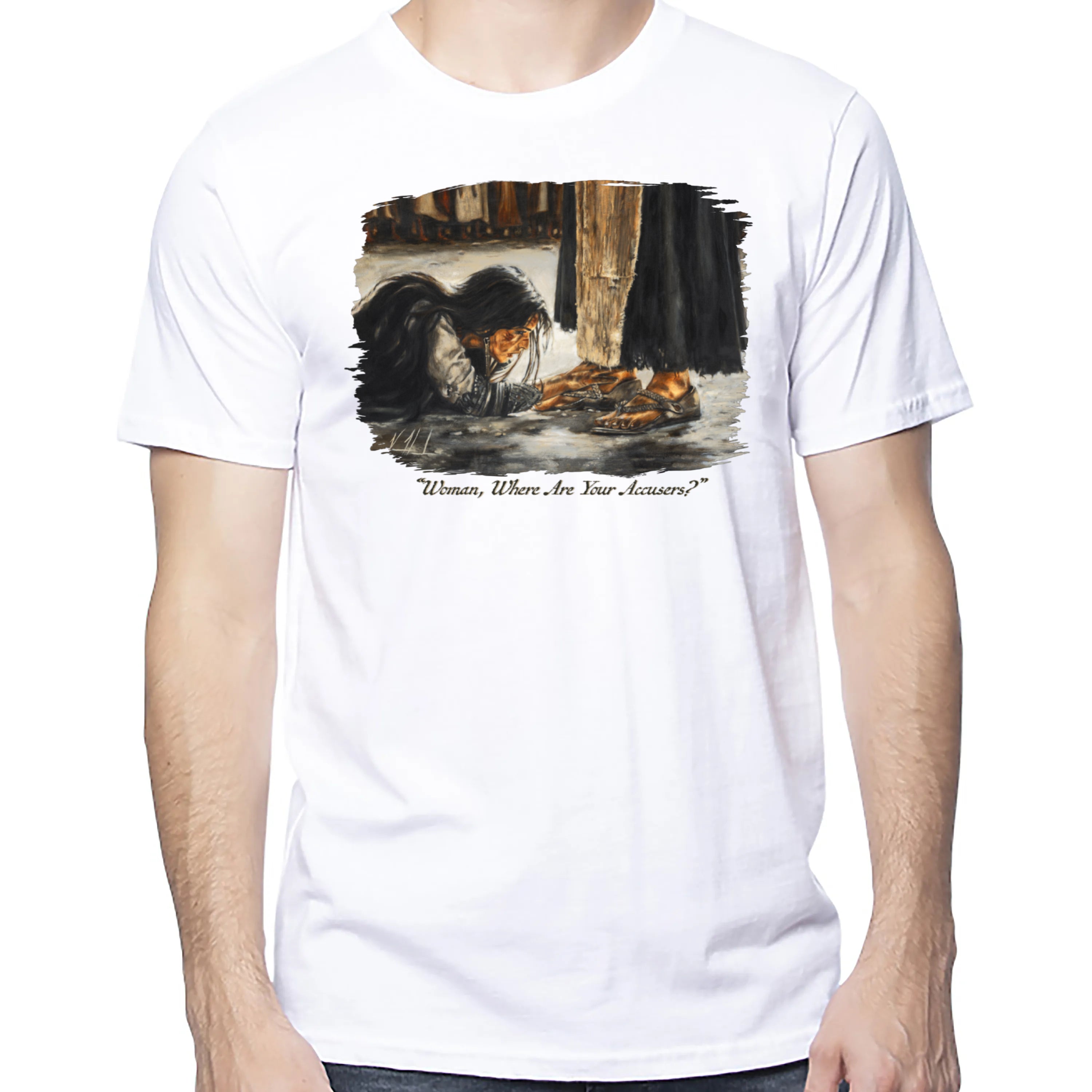 Woman, Where Are Your Accusers? - Unisex T (Premium Organic Fabric) Vanessa Horabuena Cotton White Small