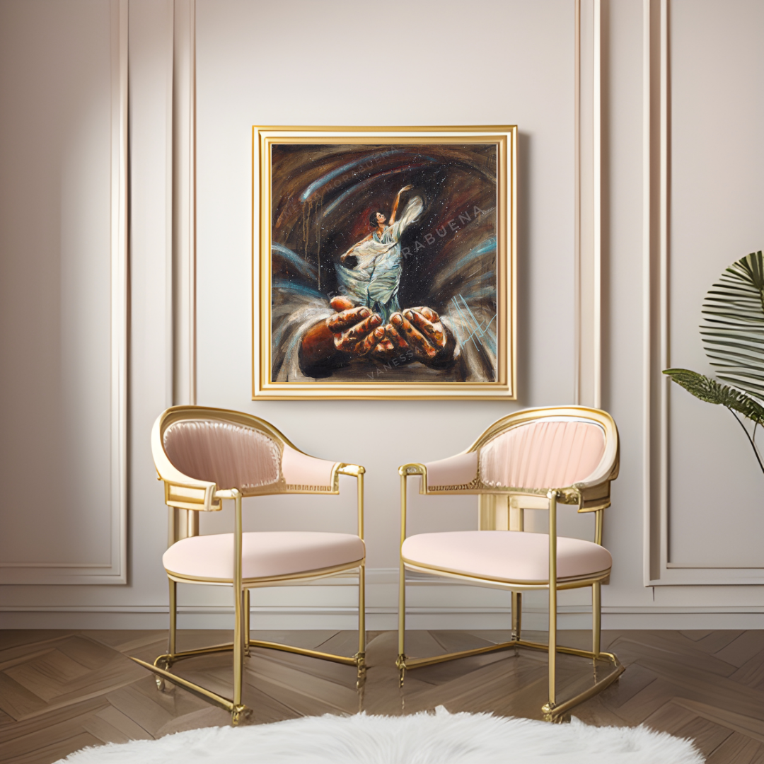 Endless Dance in the Father’s Hands - Brunette Version (Hand Embellished Canvas Print) Women's Art Print Vanessa Horabuena