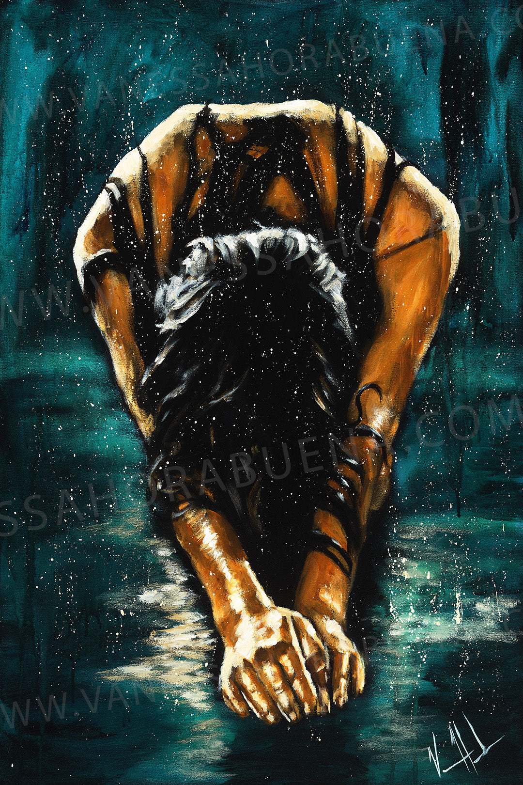 The Art of Surrender - Teal Background (Hand Embellished Canvas Print) Women's Art Print Vanessa Horabuena