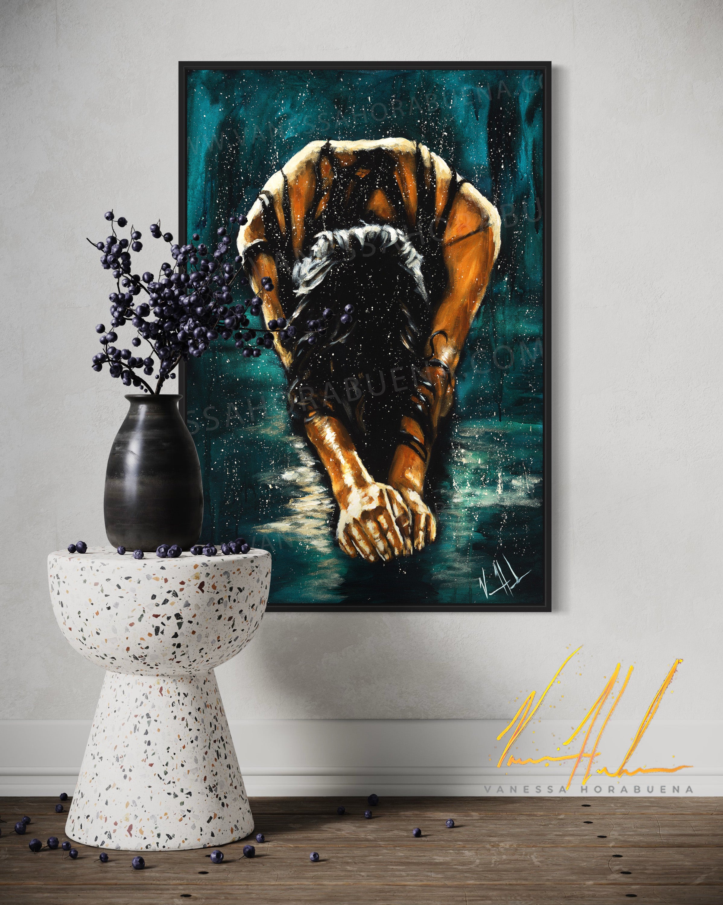 The Art of Surrender - Teal Background (Hand Embellished Canvas Print) Women's Art Print Vanessa Horabuena