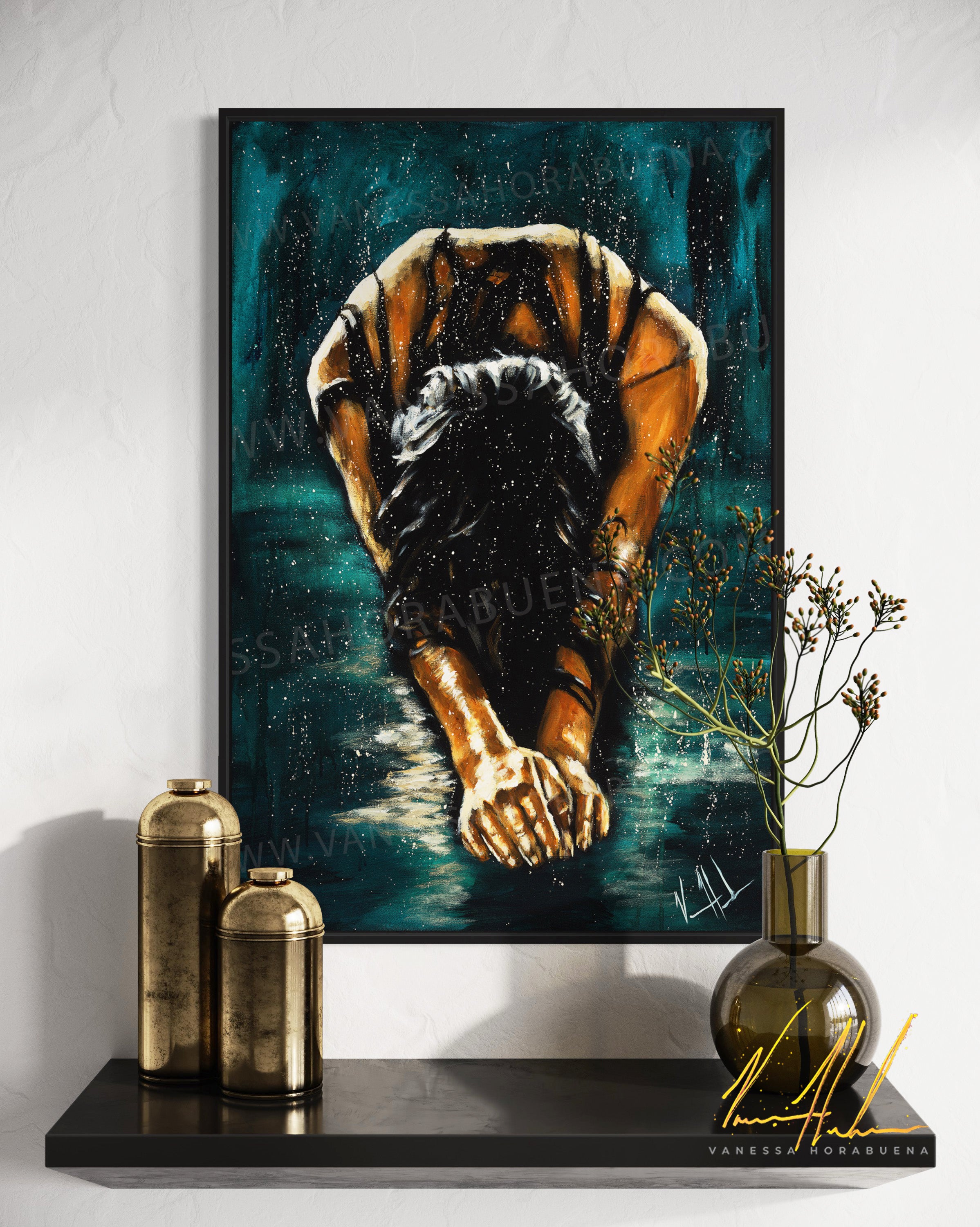 The Art of Surrender - Teal Background (Hand Embellished Canvas Print) Women's Art Print Vanessa Horabuena
