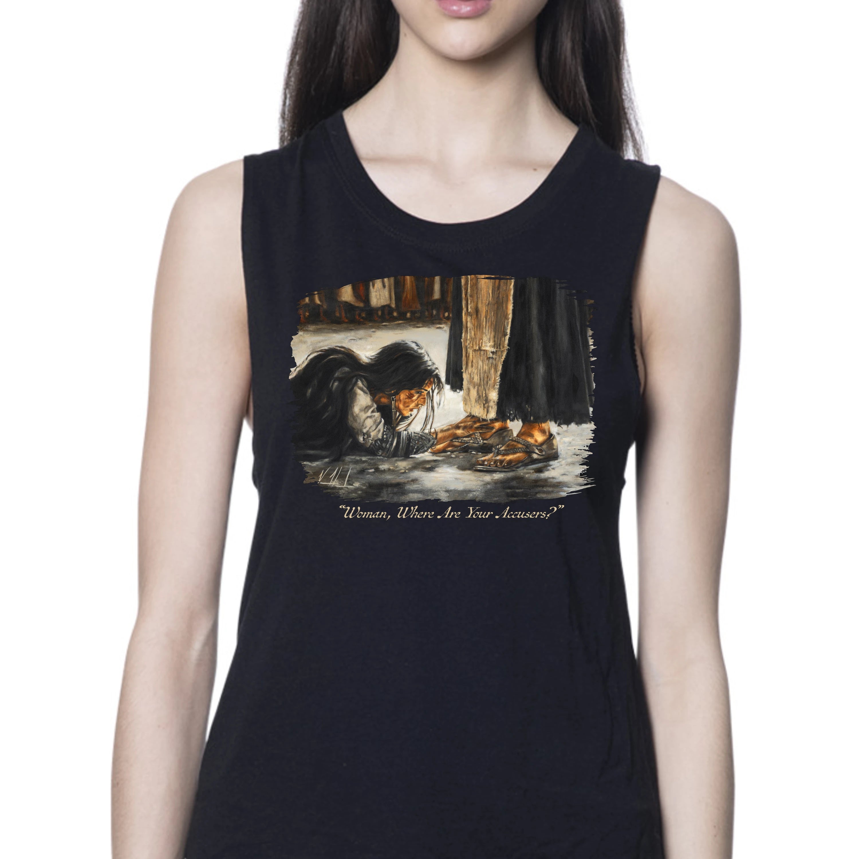 "Woman, Where Are Your Accusers?" - Women's Tank Top (Organic Bamboo) Organic Bamboo Vanessa Horabuena Short Sleeve Eclipse (Black) XS