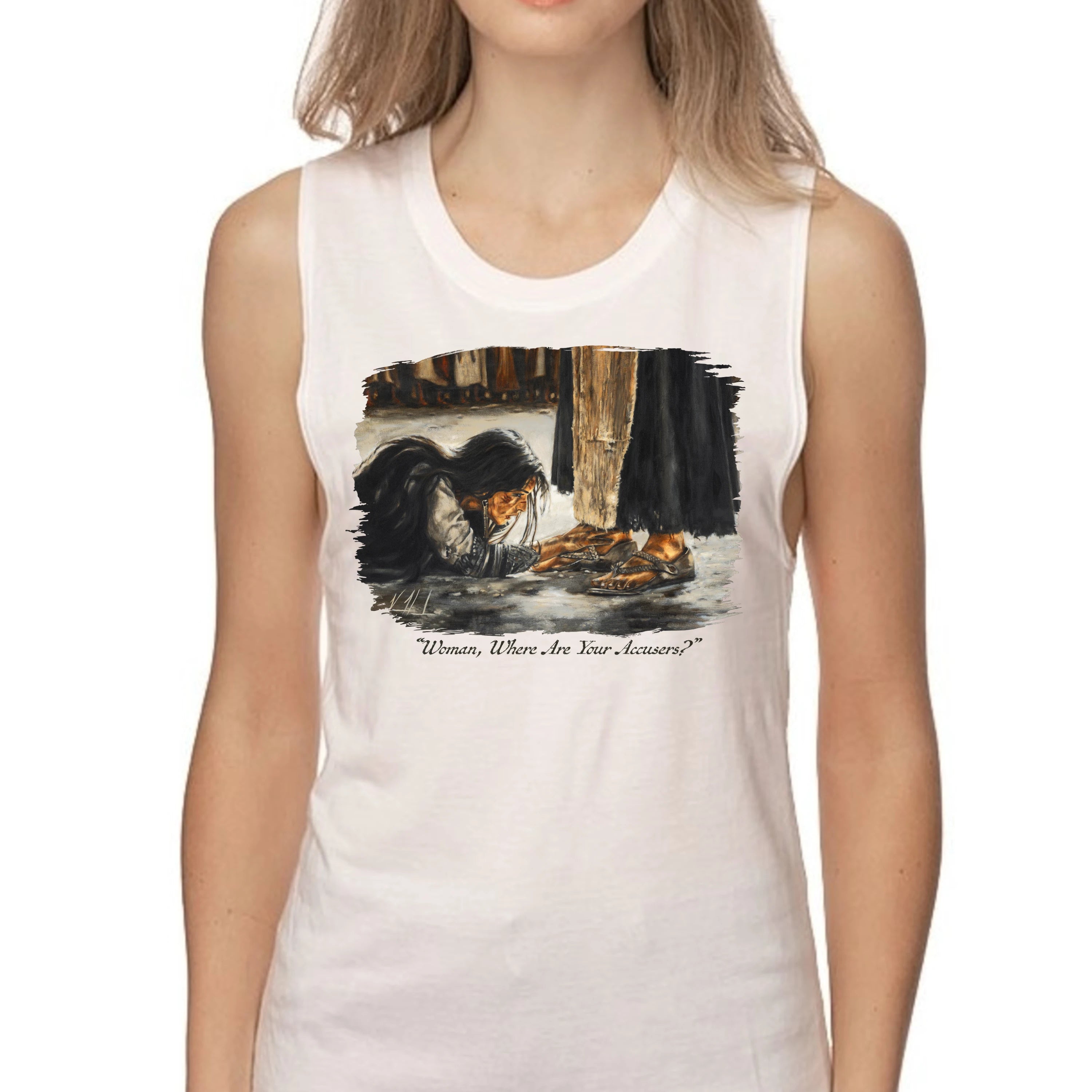 "Woman, Where Are Your Accusers?" - Women's Tank Top (Organic Bamboo) Organic Bamboo Vanessa Horabuena Short Sleeve Frost (White) XS