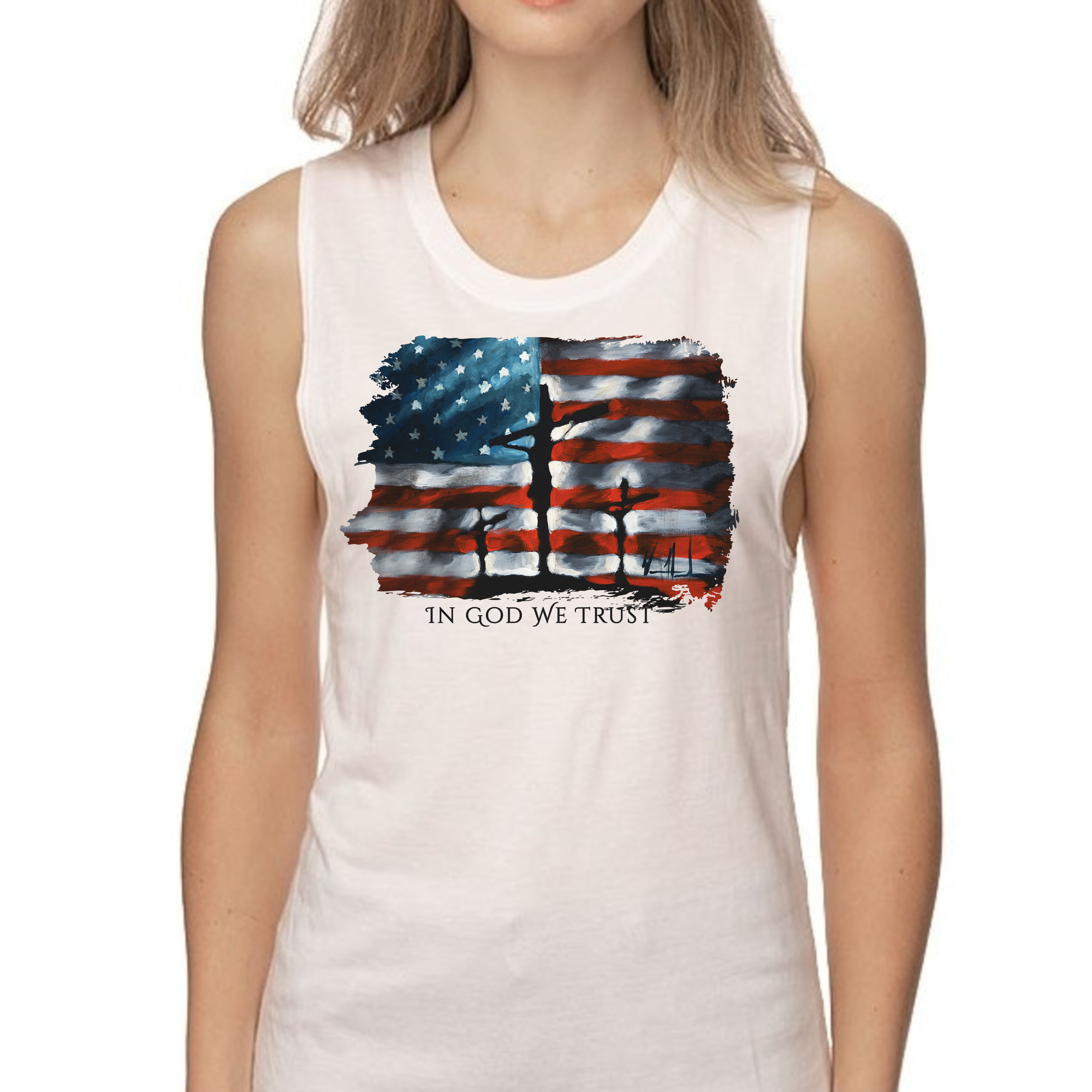 Women's Tank Top (Organic Bamboo) - In God We Trust - (4th of July) Organic Bamboo Vanessa Horabuena Short Sleeve Frost (White) XS