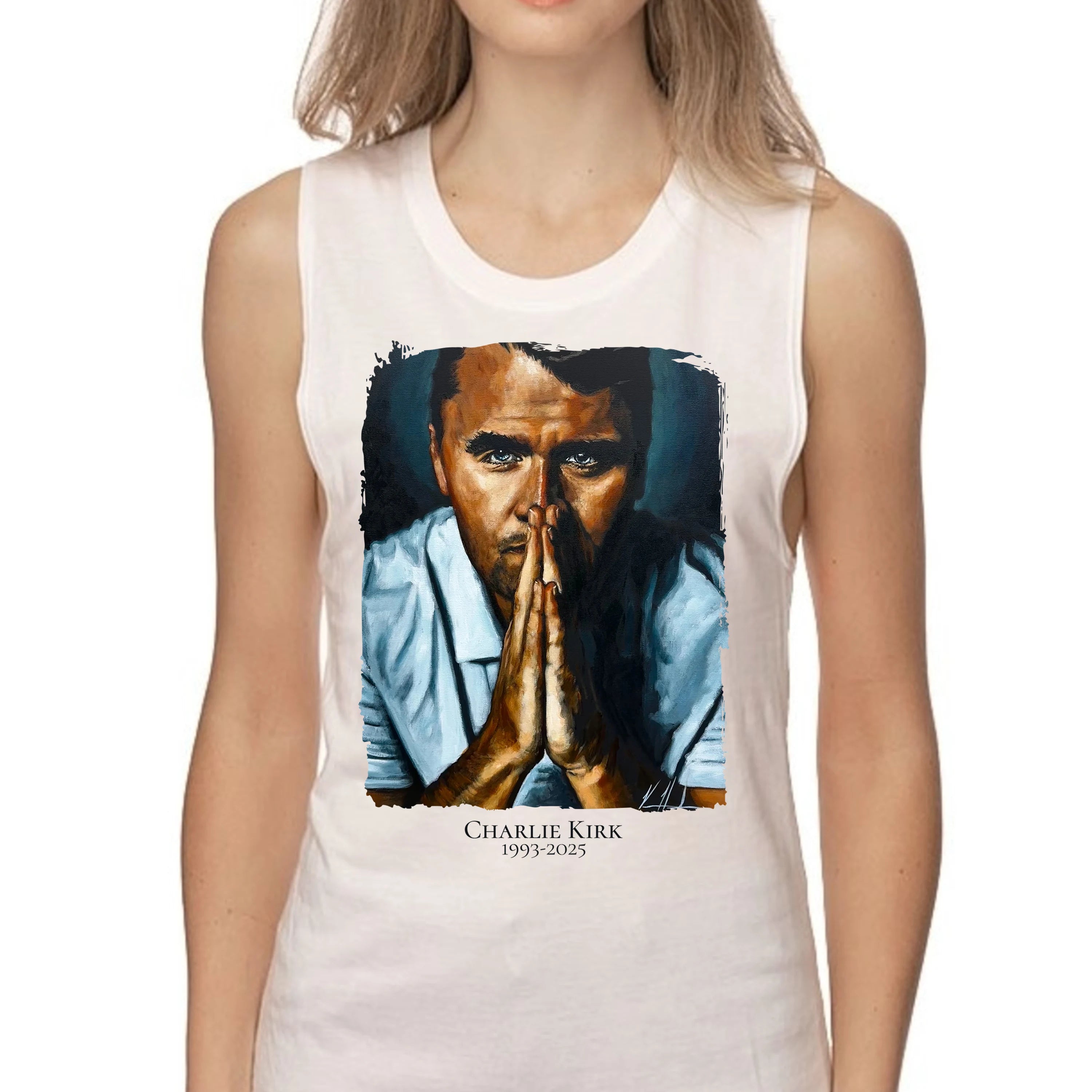 (PRE-ORDER) Charlie Kirk - A Hero's Tribute - Women's Tank Top (Organic Bamboo) Organic Bamboo Vanessa Horabuena Short Sleeve Frost (White) XS