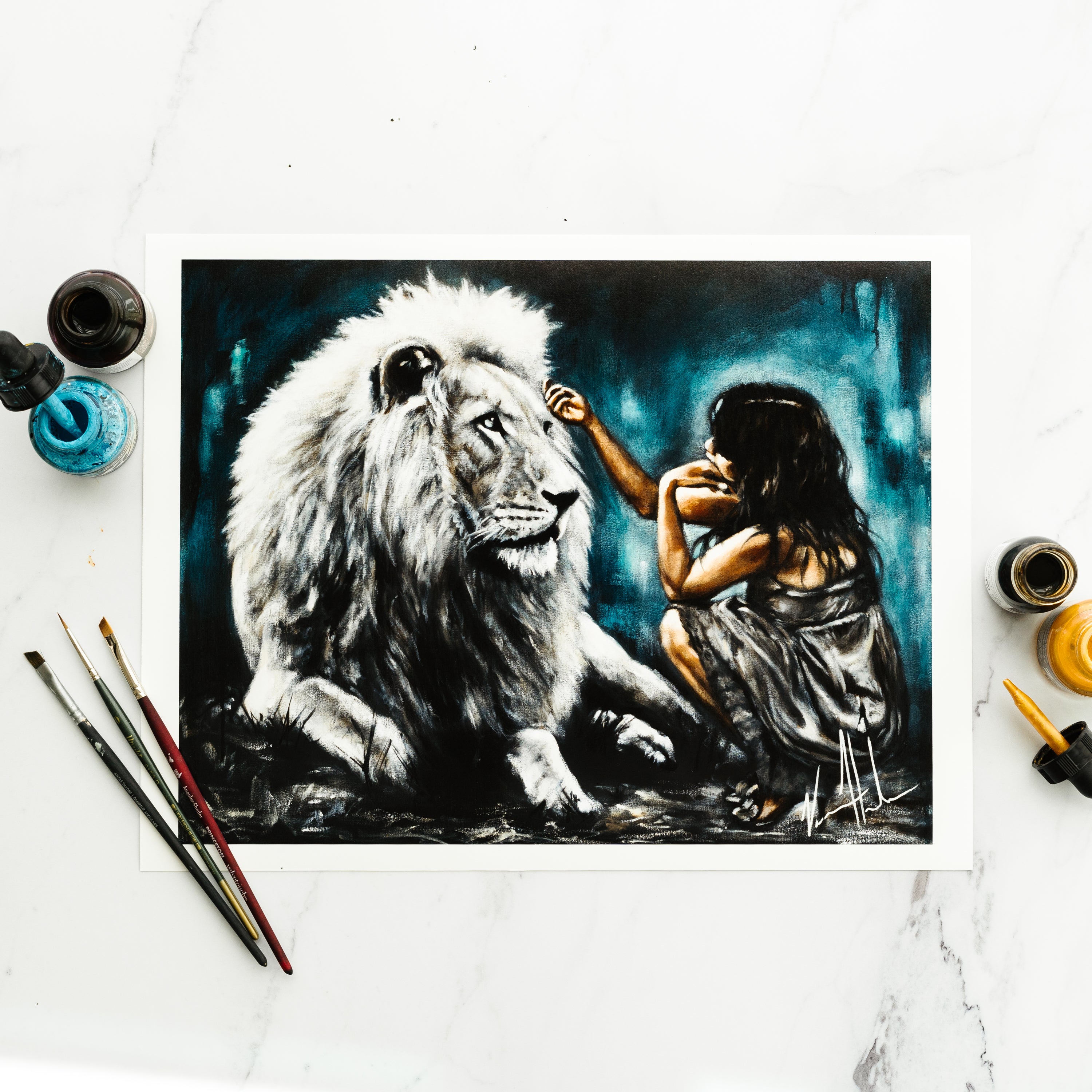 Intimacy with God (Blue Background) (Hand Embellished Canvas Print) Women's Art Print, Lion Art Print Vanessa Horabuena