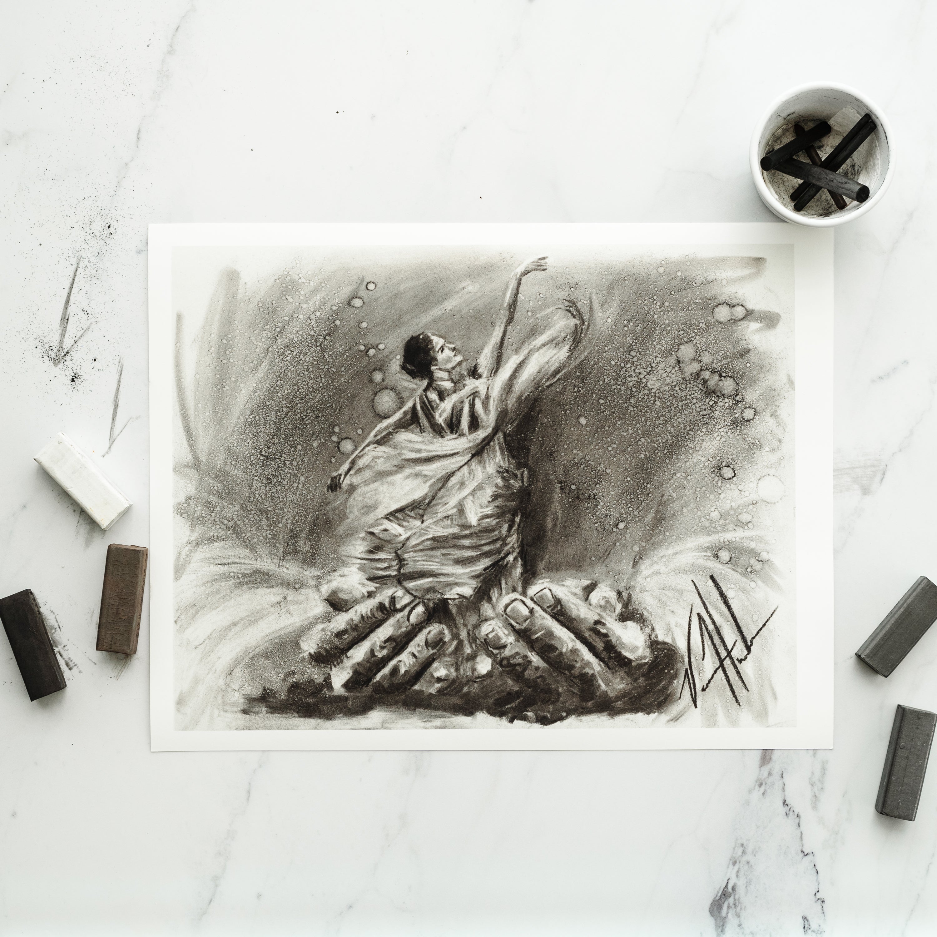 Endless Dance in the Father’s Hands (Sketch)(Hand Embellished Canvas Print) Women's Art Print Vanessa Horabuena