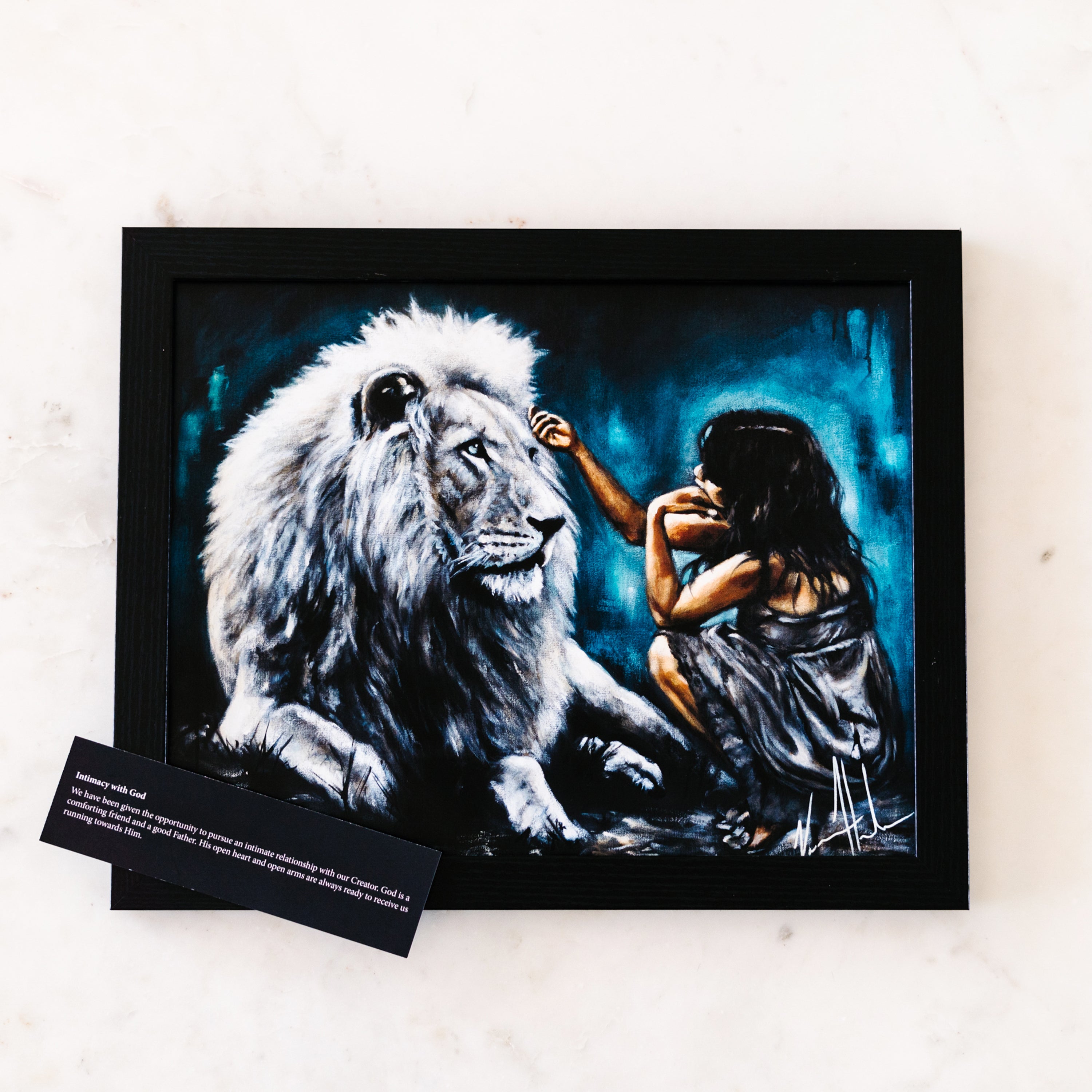 Intimacy with God (Blue Background) (Hand Embellished Canvas Print) Women's Art Print, Lion Art Print Vanessa Horabuena