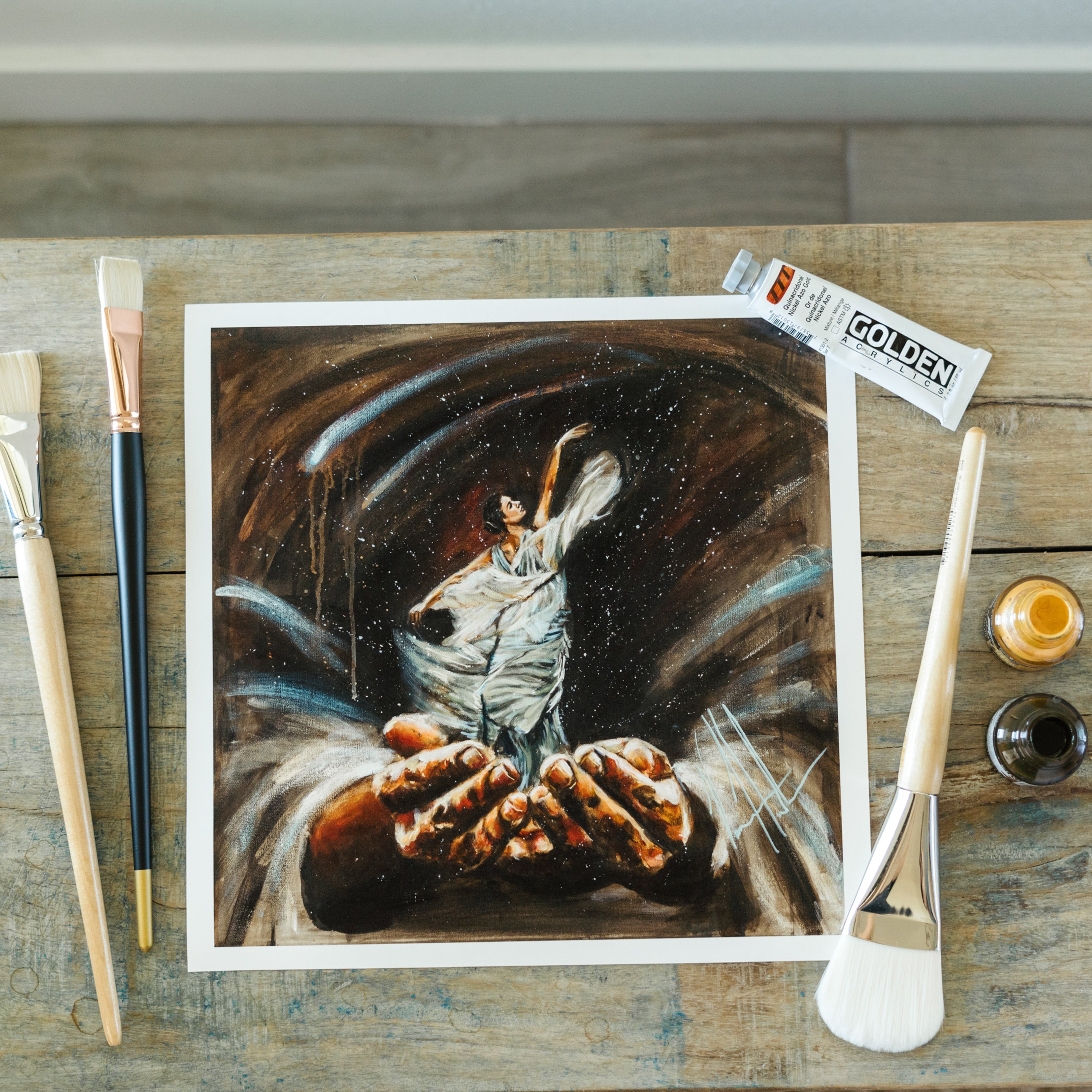 Endless Dance in the Father’s Hands - Brunette Version (Hand Embellished Canvas Print) Women's Art Print Vanessa Horabuena