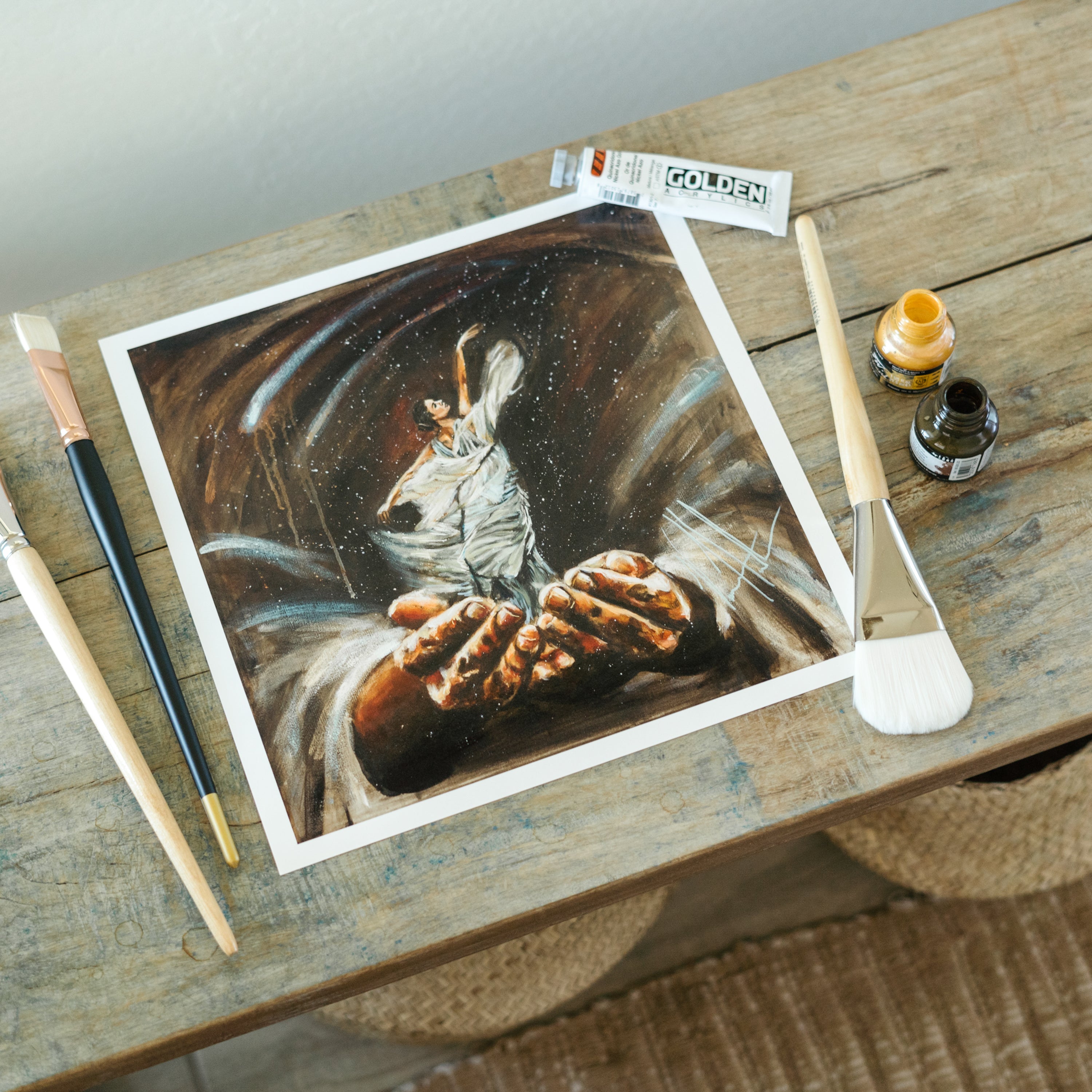 Endless Dance in the Father’s Hands - Brunette Version (Hand Embellished Canvas Print) Women's Art Print Vanessa Horabuena