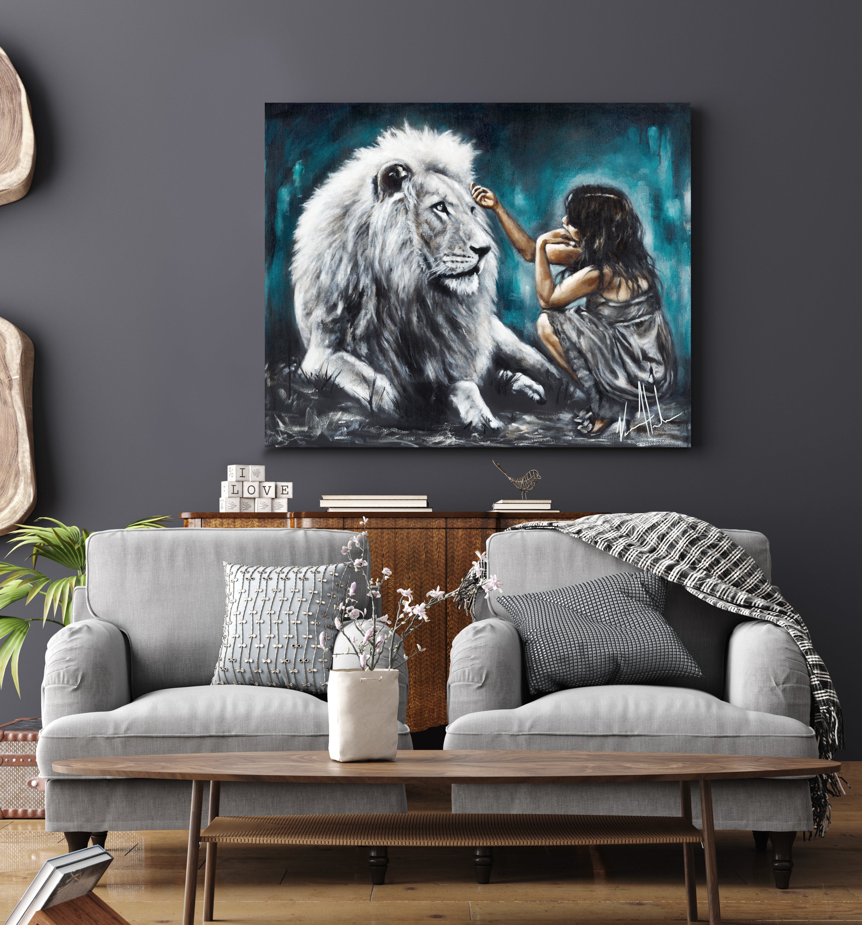 Intimacy with God (Blue Background) (Hand Embellished Canvas Print) Women's Art Print, Lion Art Print Vanessa Horabuena