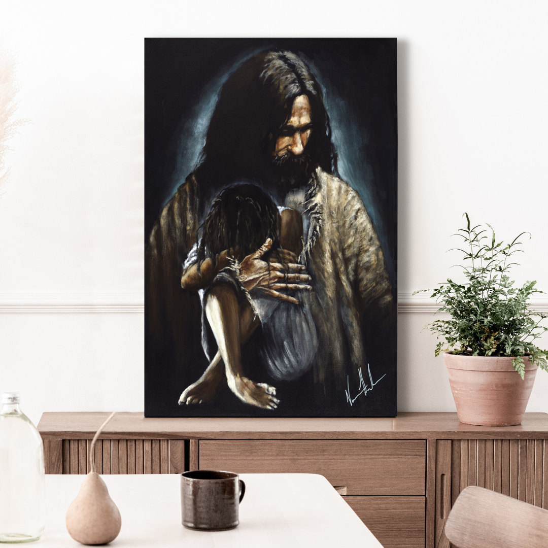 Close To His Heart (Hand Embellished Canvas Print) Women's Art Print, Jesus Art Print Vanessa Horabuena