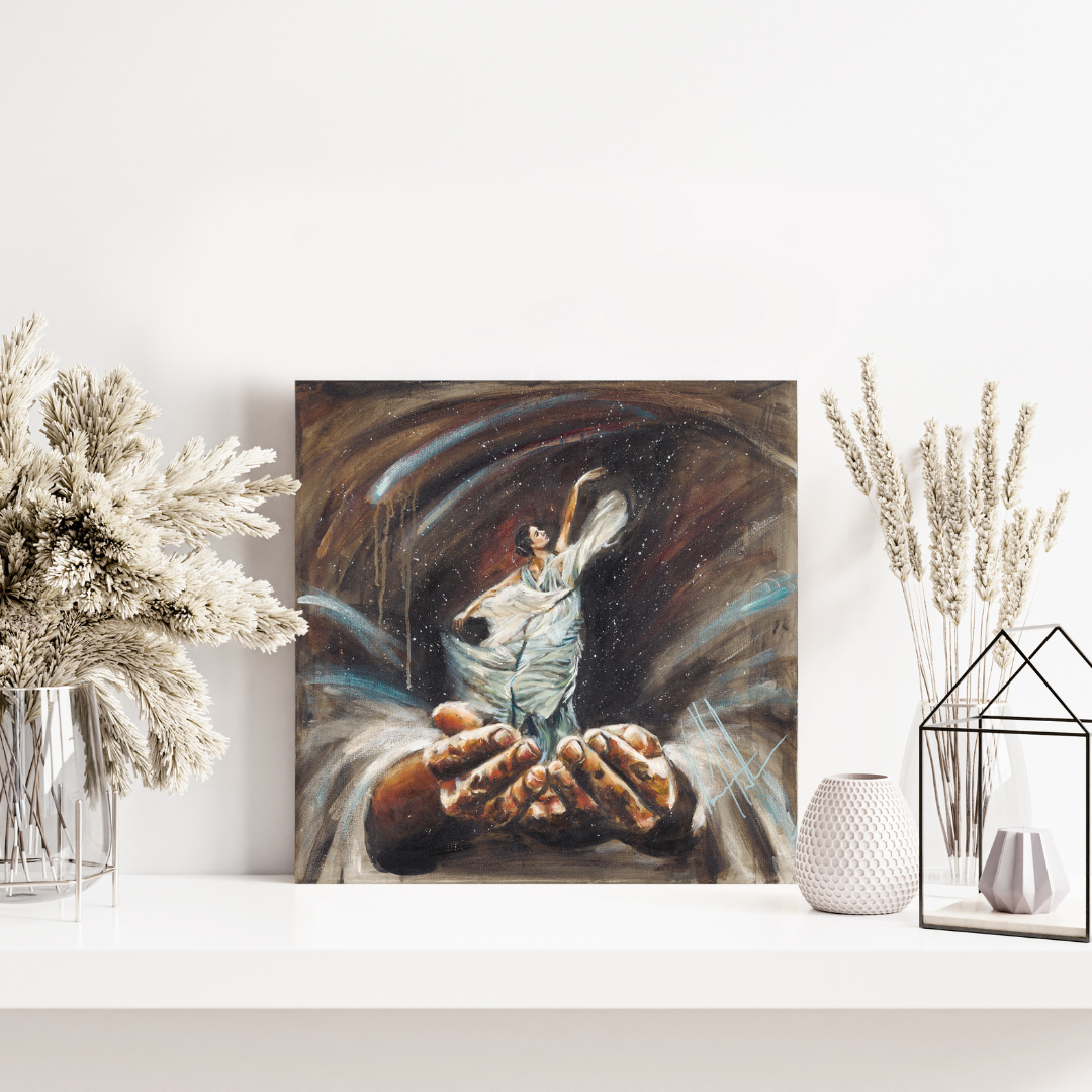 Endless Dance in the Father’s Hands - Brunette Version (Hand Embellished Canvas Print) Women's Art Print Vanessa Horabuena