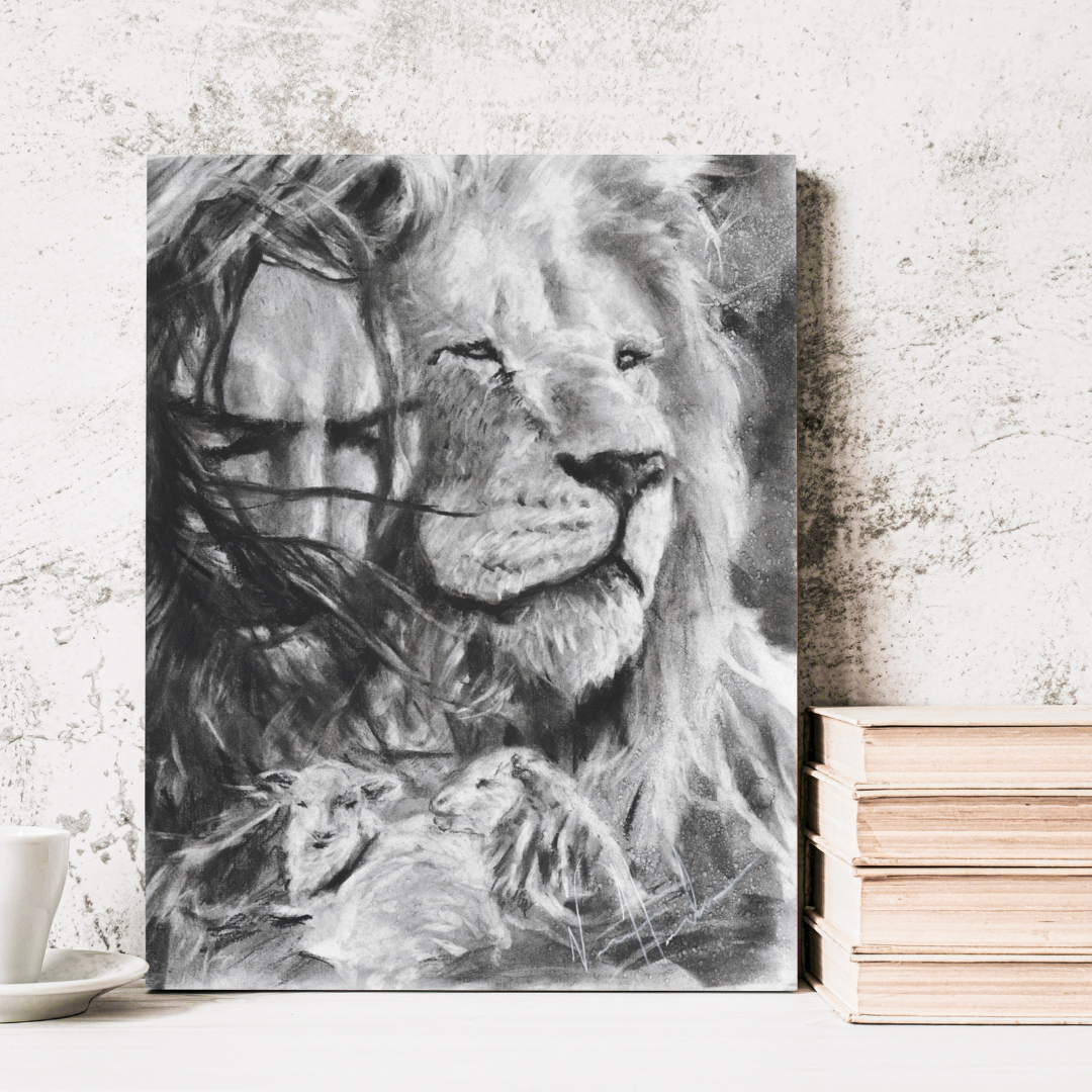 King and Shepherd (Sketch) (Hand Embellished Canvas Print) Lion Art Print, Jesus Art Print Vanessa Horabuena