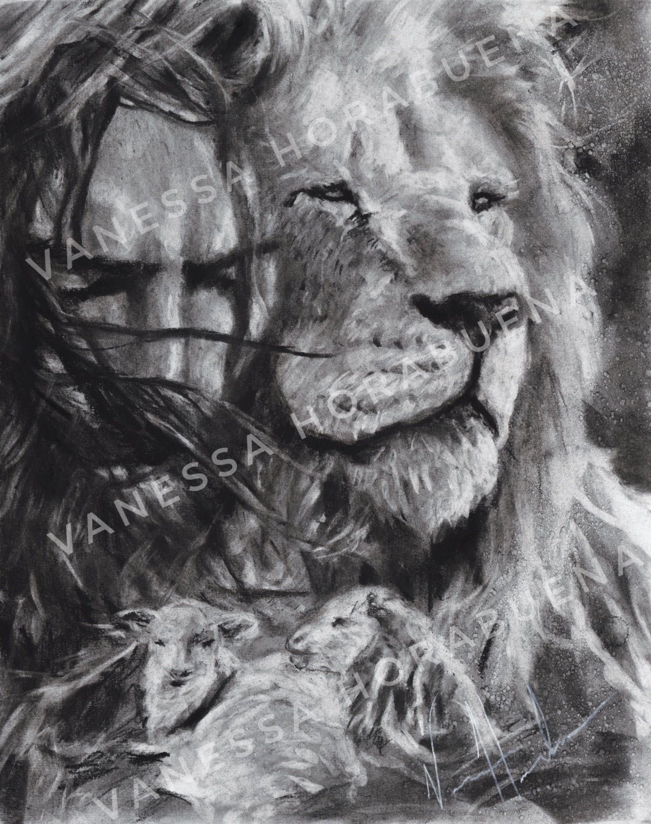 King and Shepherd (Sketch) (Hand Embellished Canvas Print) Lion Art Print, Jesus Art Print Vanessa Horabuena