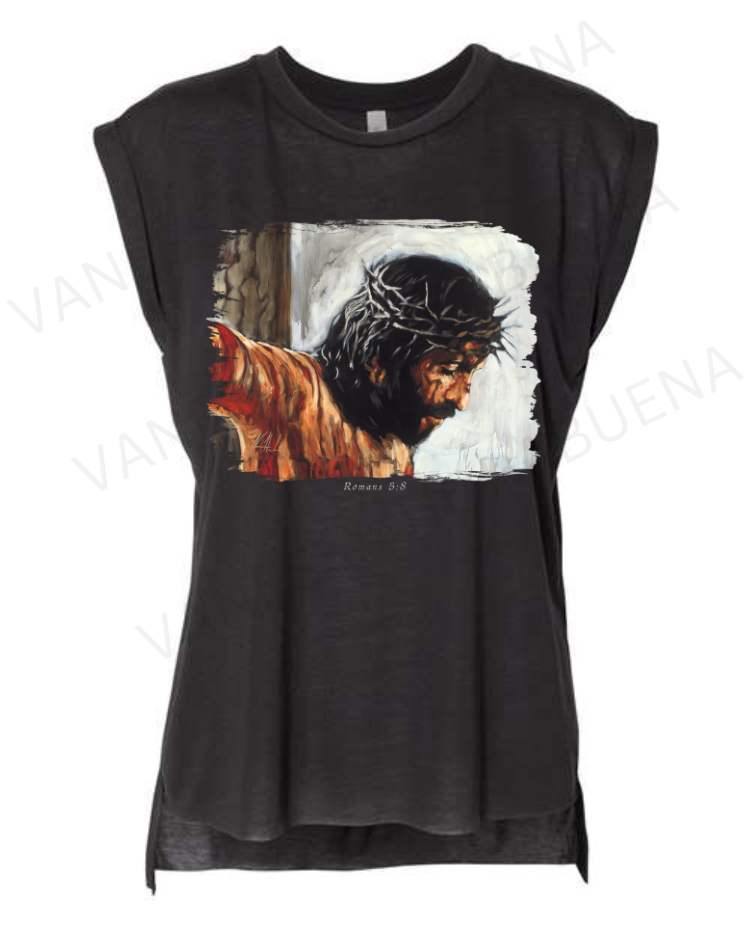 By His Wounds We Are Healed (White Background) - Ladies Rolled Sleeve Muscle T-Shirt Vanessa Horabuena Black Small