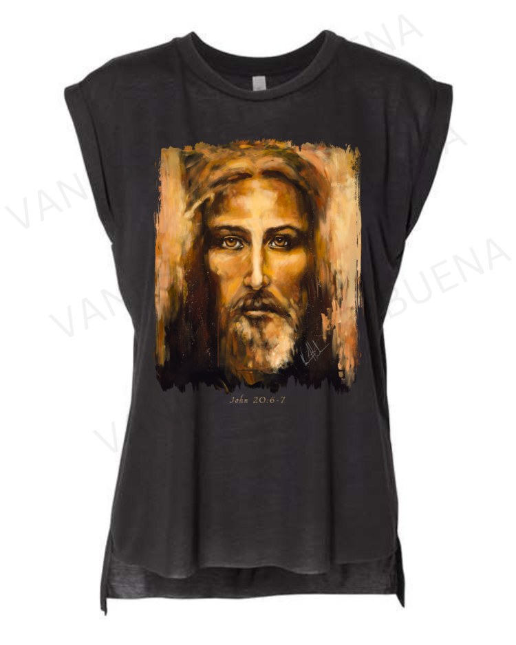 The Shroud of Turin - Resurrection Light - Ladies Rolled Sleeve Muscle T-Shirt Vanessa Horabuena Black Small