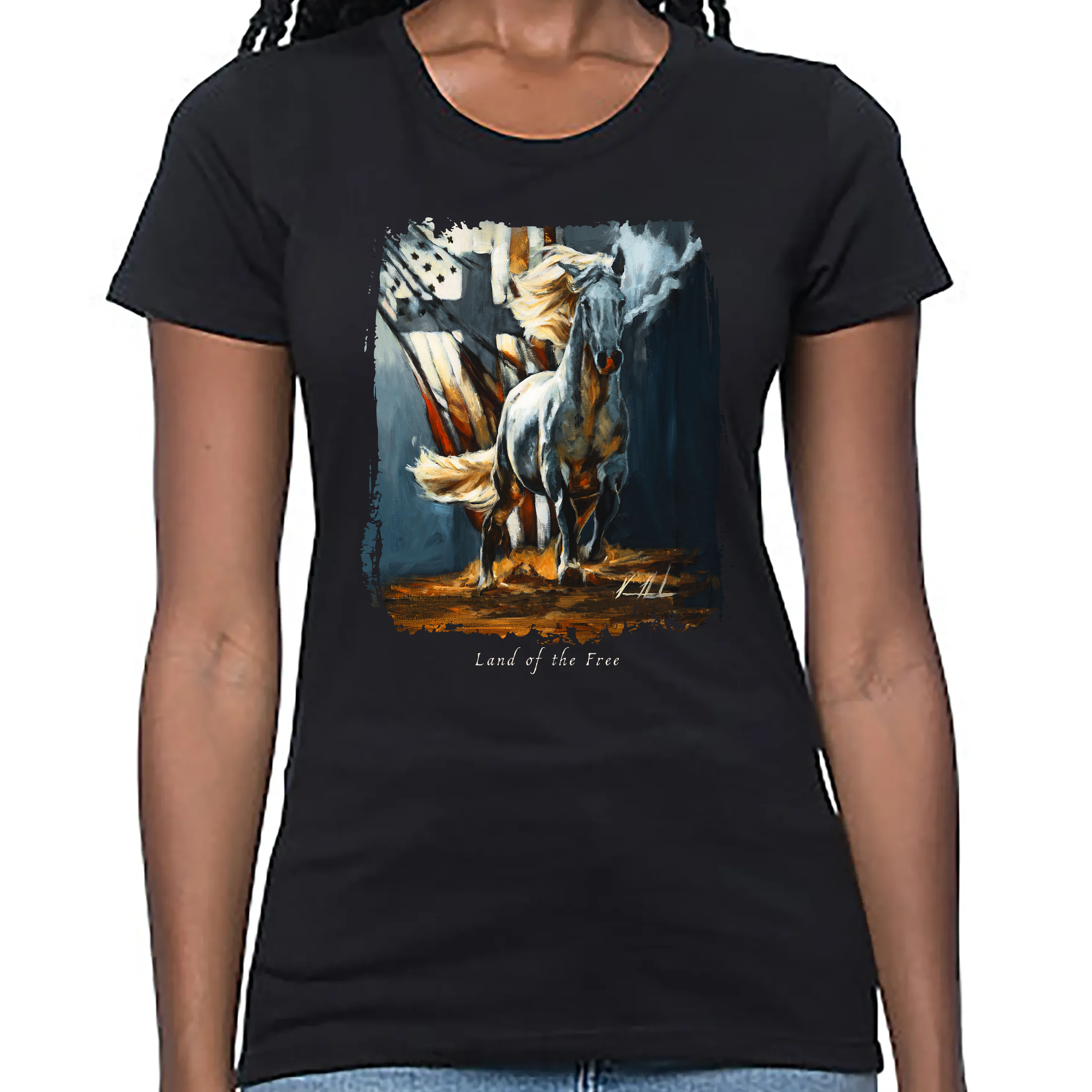 Women's T Organic Bamboo - Land of the Free - 4th of July Organic Bamboo Vanessa Horabuena Short Sleeve Eclipse (Black) XS