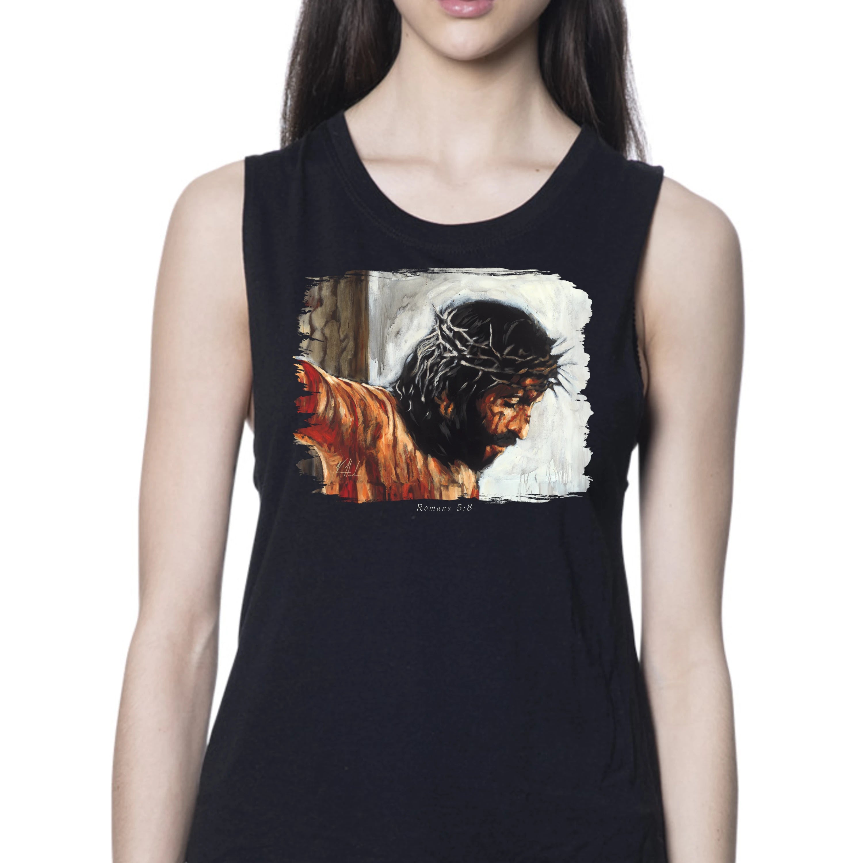 By His Wounds We Are Healed (White Background) - Women's Tank Top (Organic Bamboo) Vanessa Horabuena Short Sleeve Eclipse (Black) XS