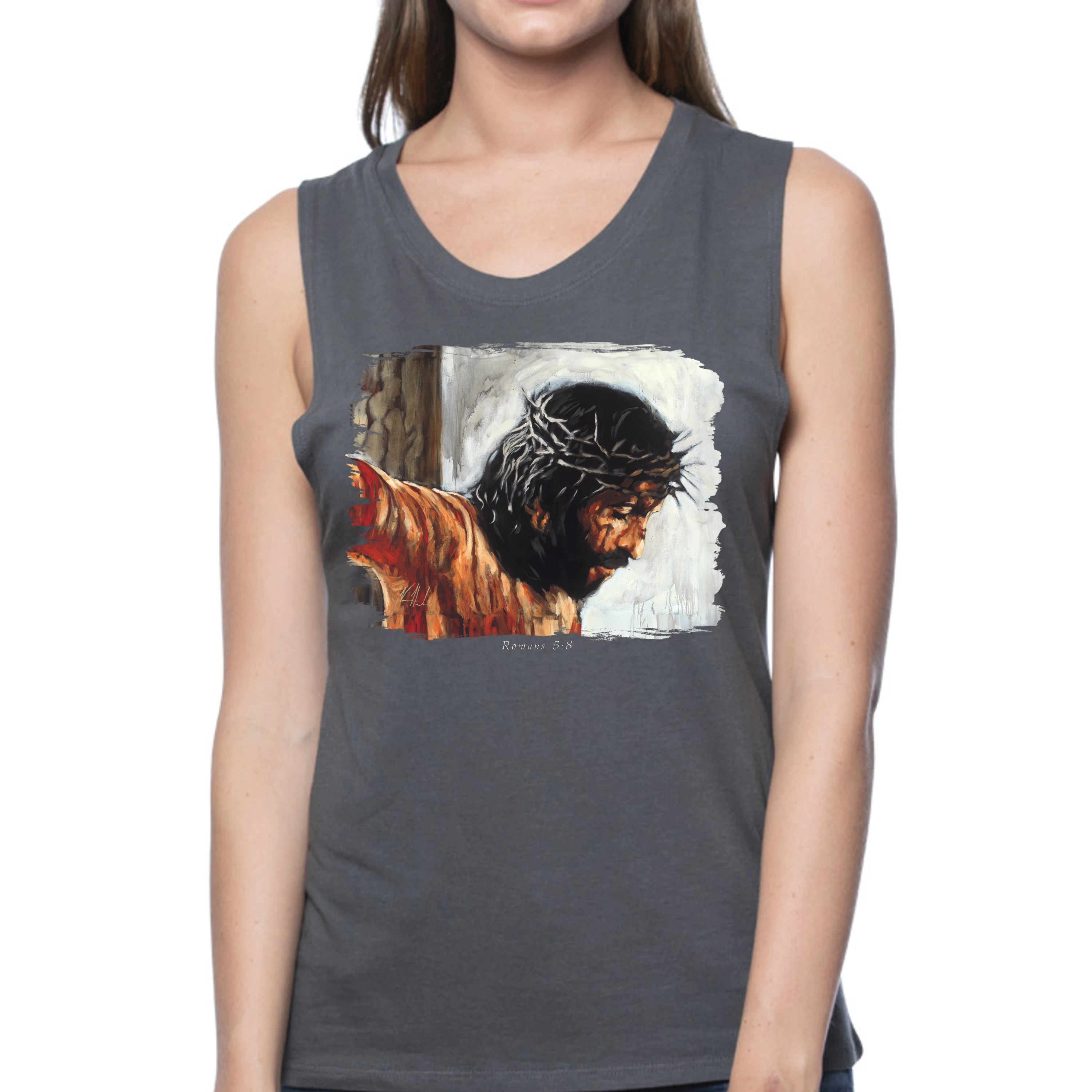 By His Wounds We Are Healed (White Background) - Women's Tank Top (Organic Bamboo) Vanessa Horabuena Short Sleeve Pewter (Grey) XS