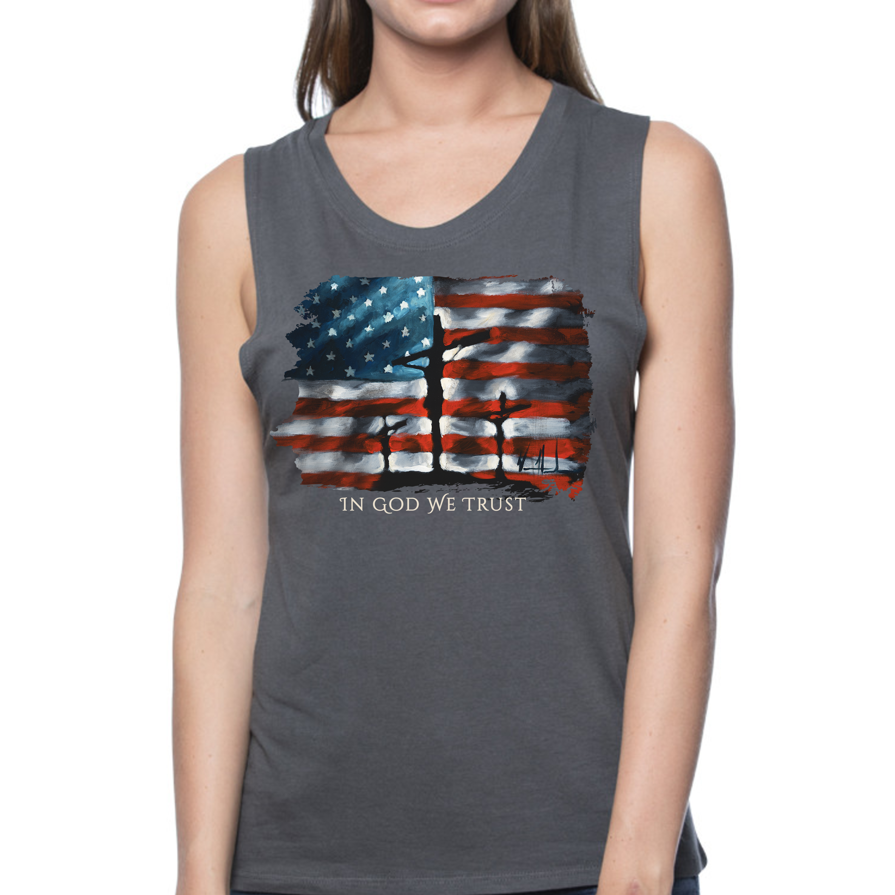 Women's Tank Top (Organic Bamboo) - In God We Trust - (4th of July) Organic Bamboo Vanessa Horabuena Short Sleeve Pewter (Grey) XS