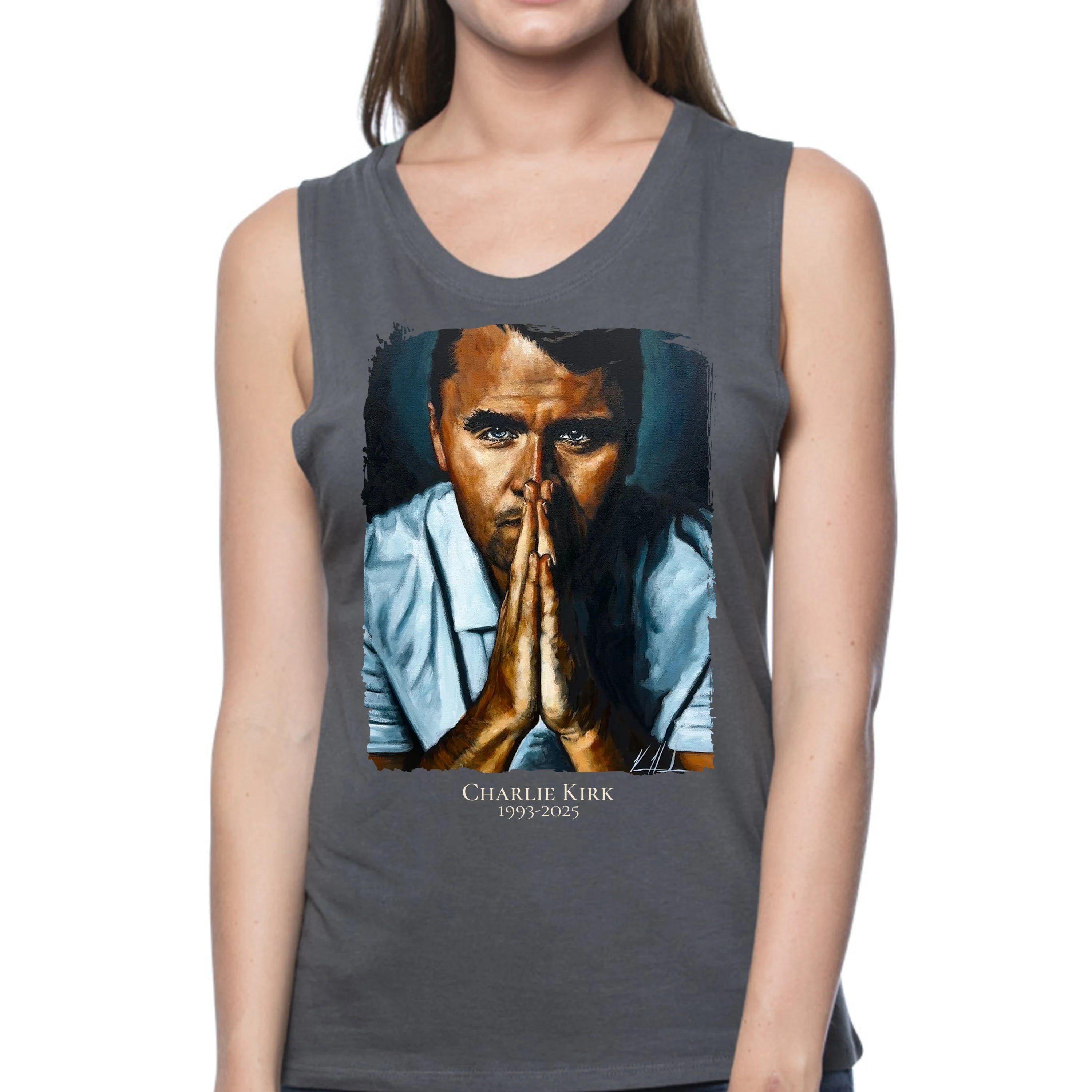 (PRE-ORDER) Charlie Kirk - A Hero's Tribute - Women's Tank Top (Organic Bamboo) Organic Bamboo Vanessa Horabuena Short Sleeve Pewter (Grey) XS