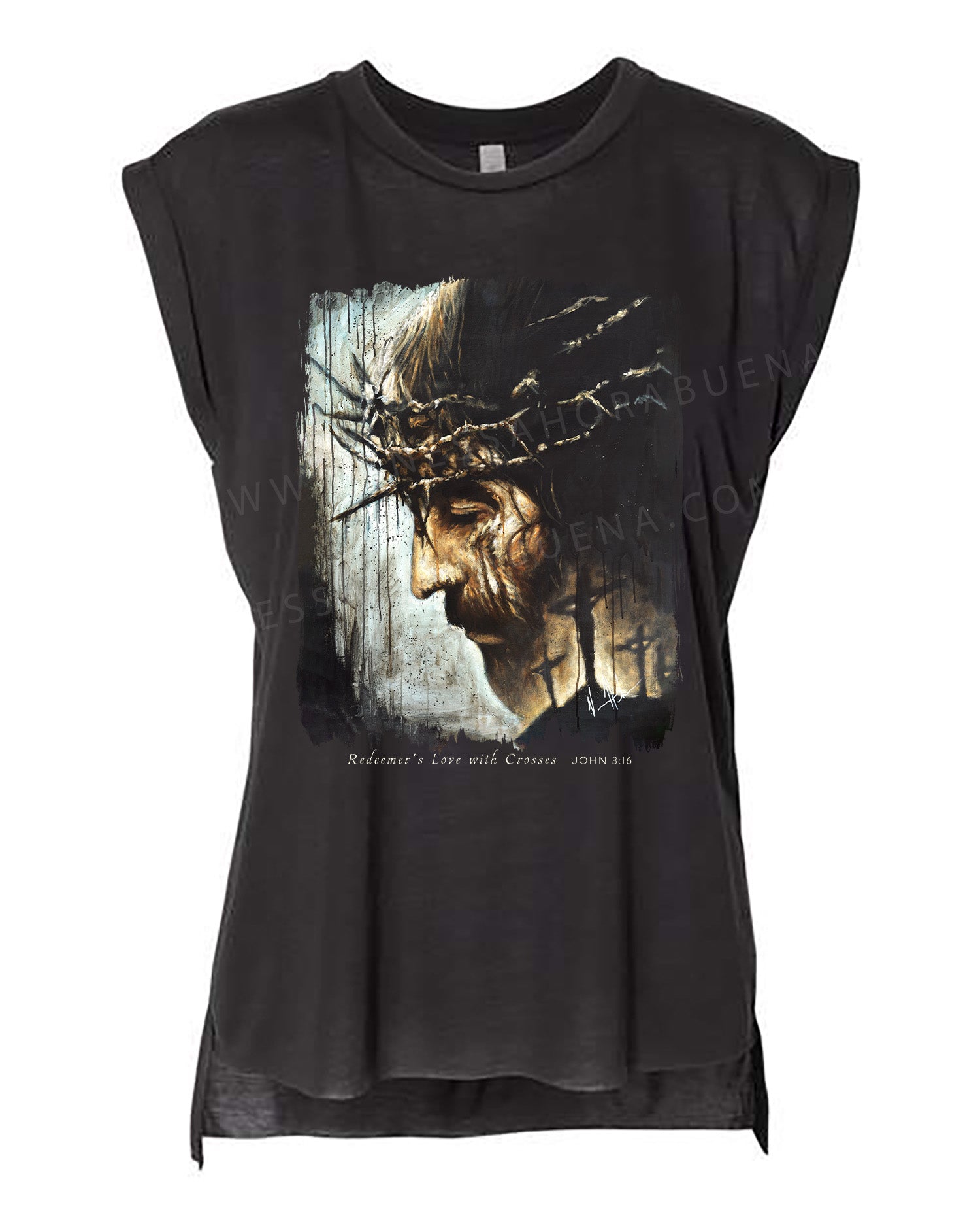 Redeemer's Love with Crosses - Ladies Rolled Sleeve Muscle T-Shirt Vanessa Horabuena Black Small