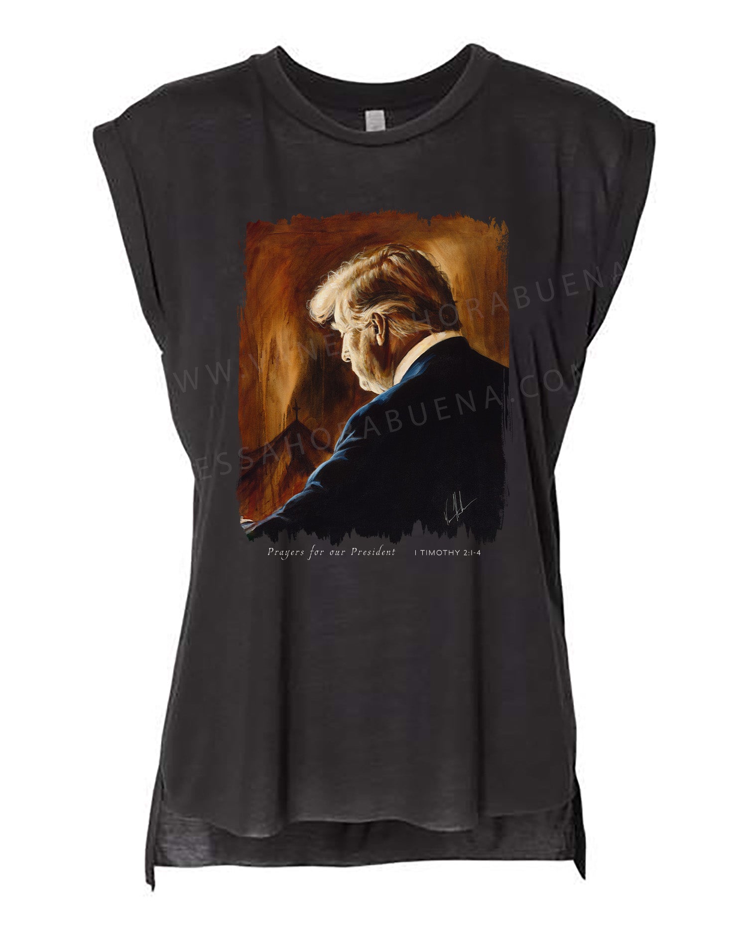 Prayers for Our President (For Such a Time as This) - Ladies Rolled Sleeve Muscle T-Shirt Vanessa Horabuena Black Small