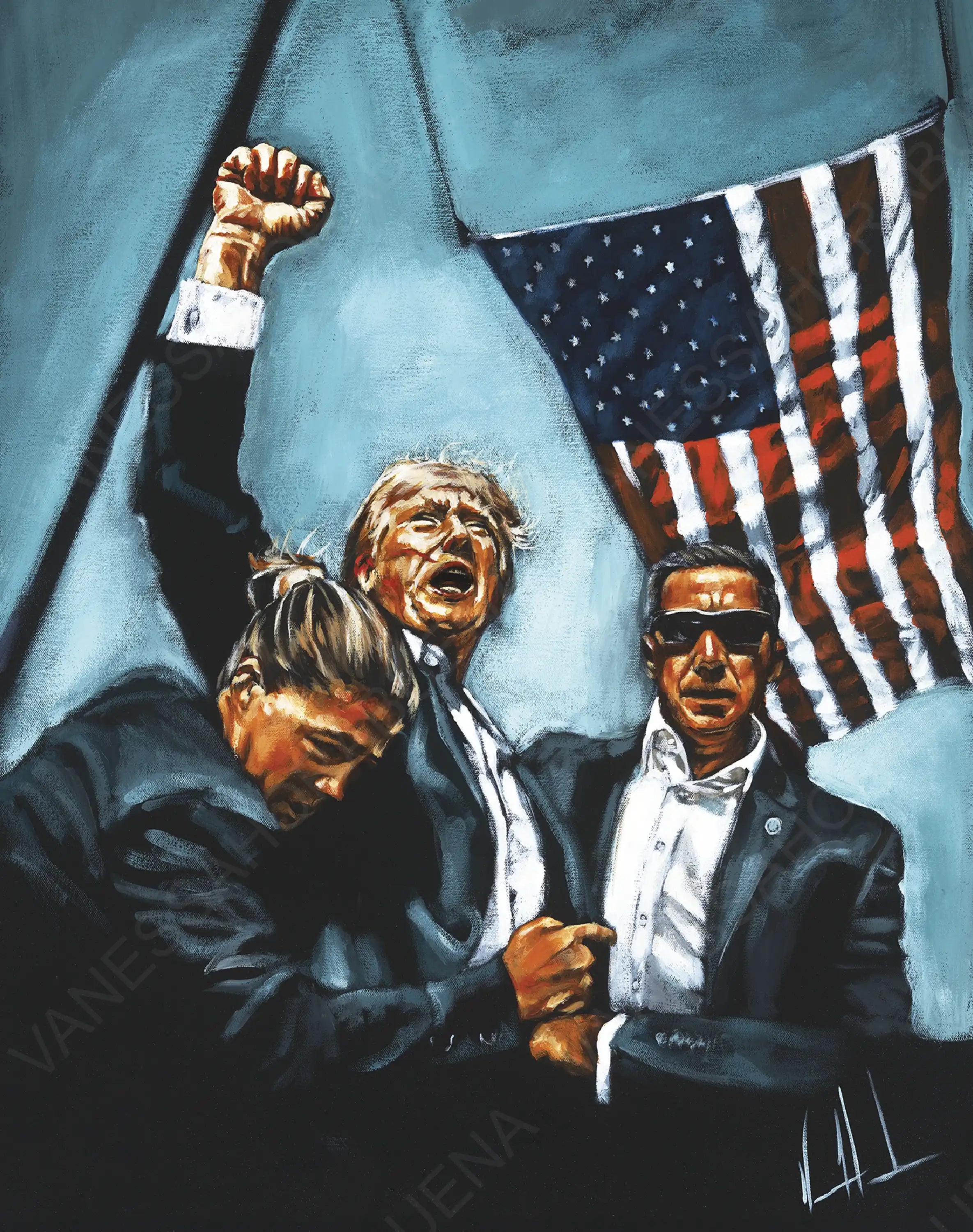 Never Surrender (Blue Background) (Hand Embellishment Canvas Print) Patriotic Art Print Vanessa Horabuena