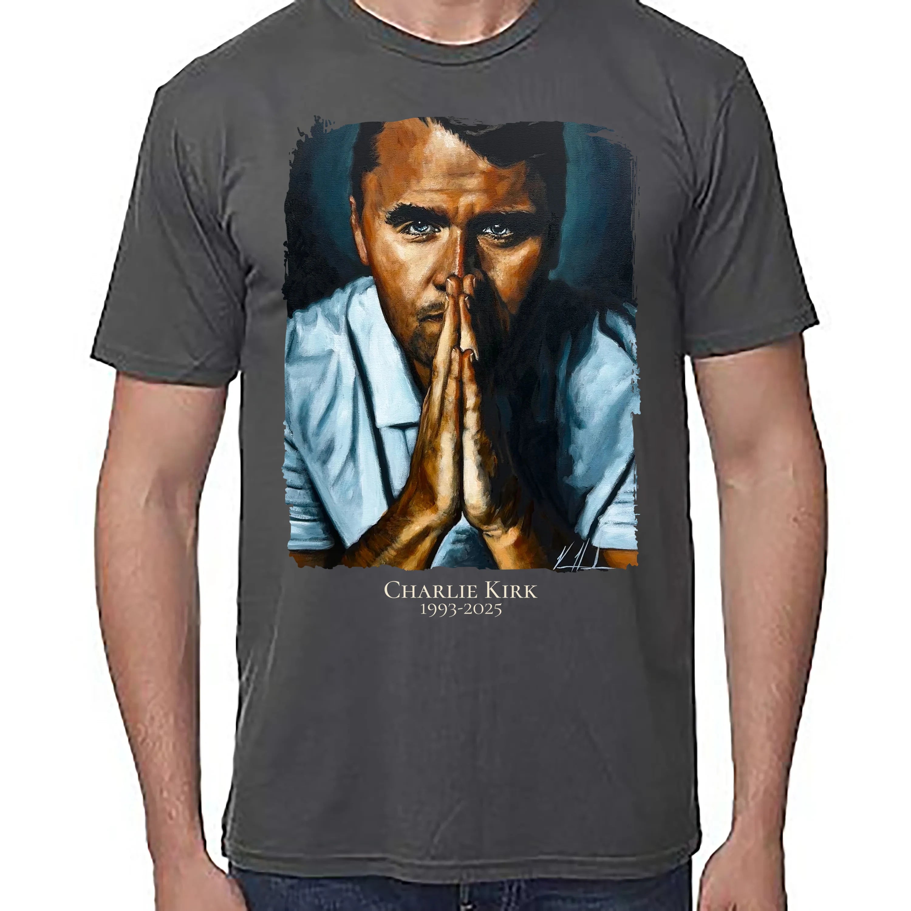 (PRE-ORDER) Charlie Kirk - A Hero's Tribute - Unisex T (Premium Organic Fabric) Vanessa Horabuena Bamboo Pewter Small