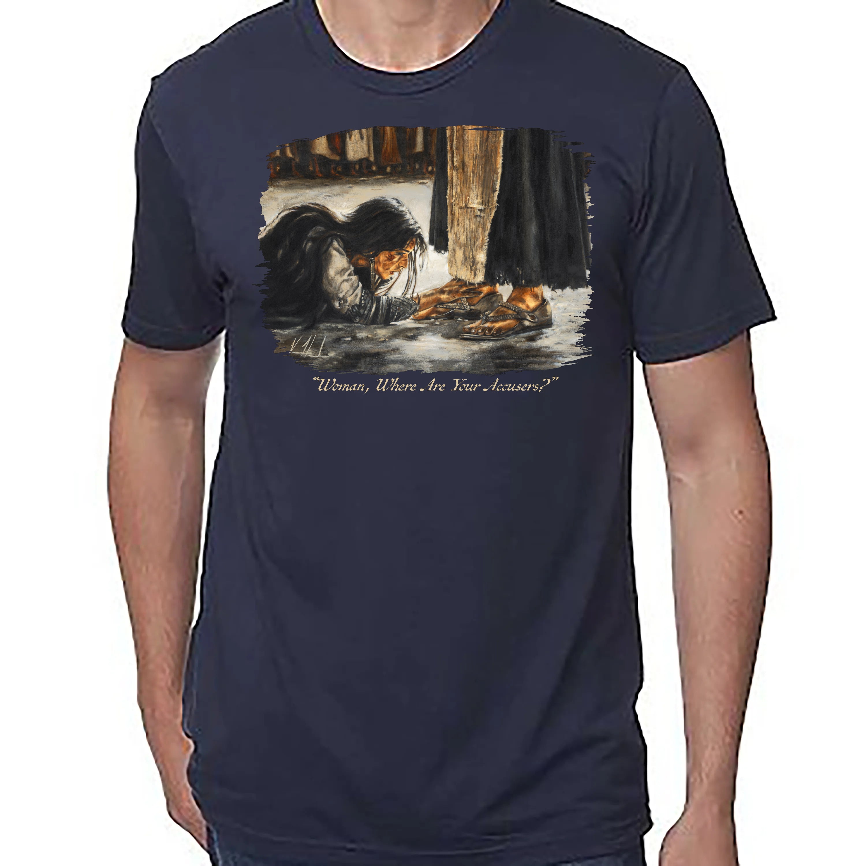 Unisex T (Organic Bamboo) - "Woman, Where Are Your Accusers?" Organic Bamboo Vanessa Horabuena Short Sleeve Midnight Blue XS