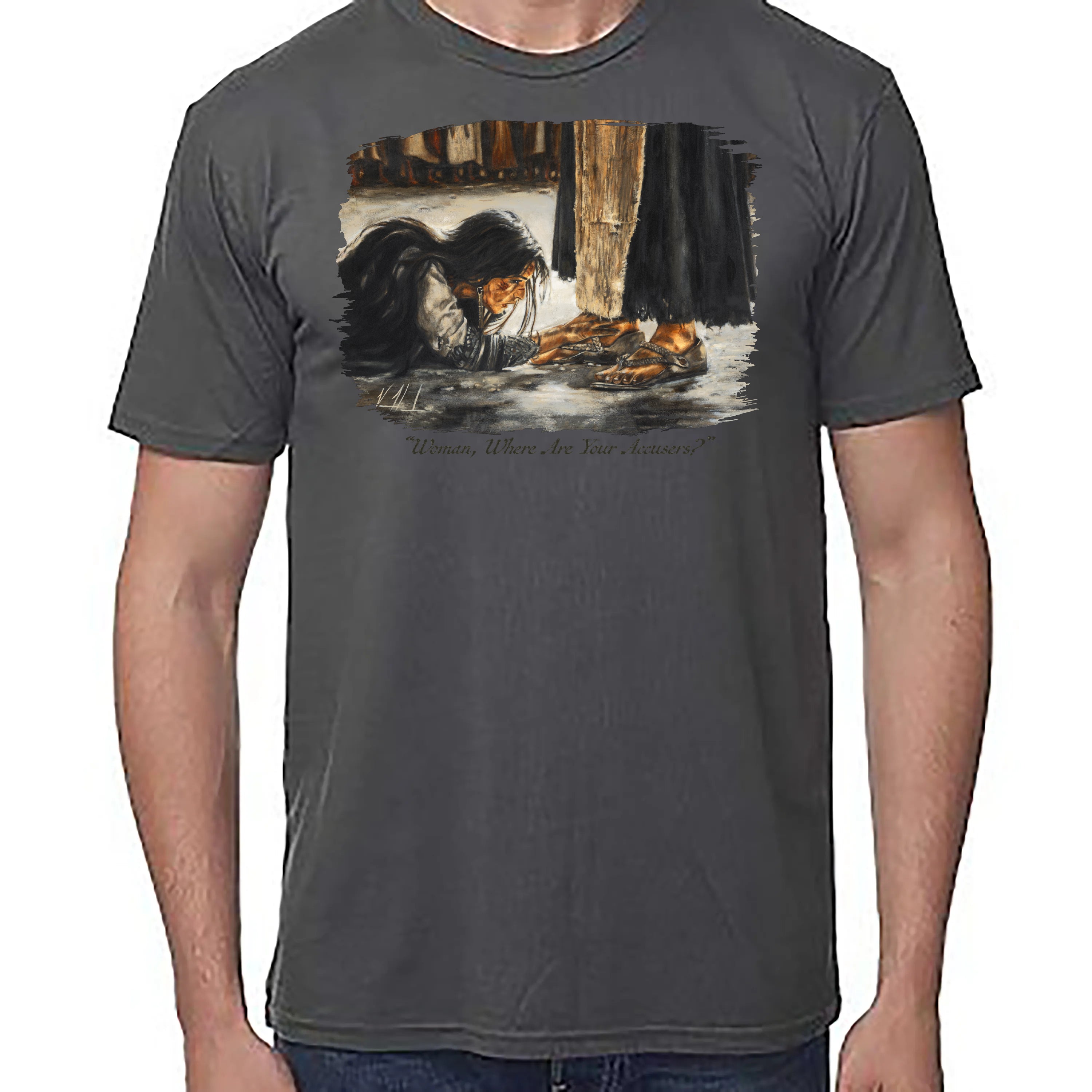 Unisex T (Organic Bamboo) - "Woman, Where Are Your Accusers?" Organic Bamboo Vanessa Horabuena Short Sleeve Pewter XS
