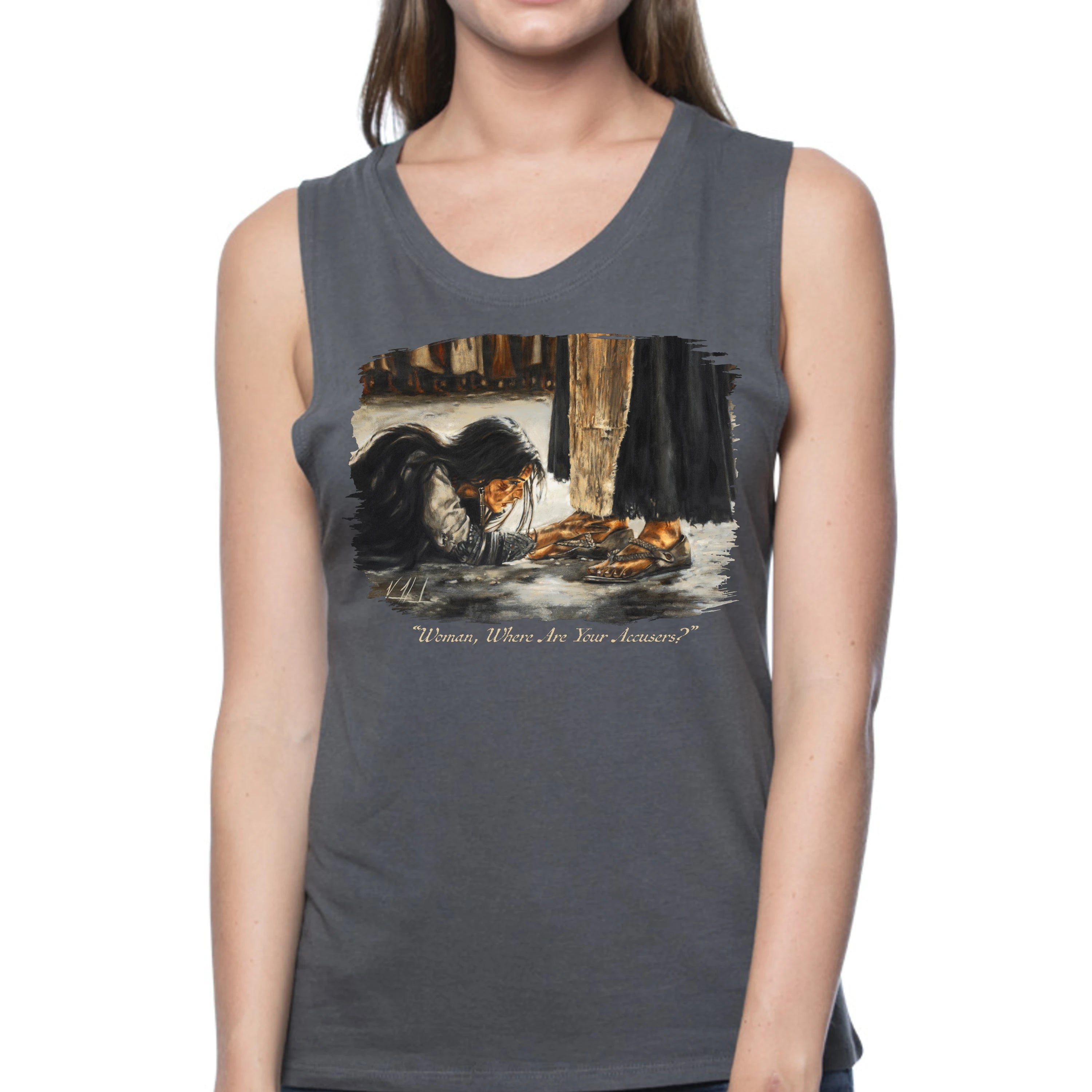 "Woman, Where Are Your Accusers?" - Women's Tank Top (Organic Bamboo) Vanessa Horabuena Short Sleeve Pewter (Grey) XS