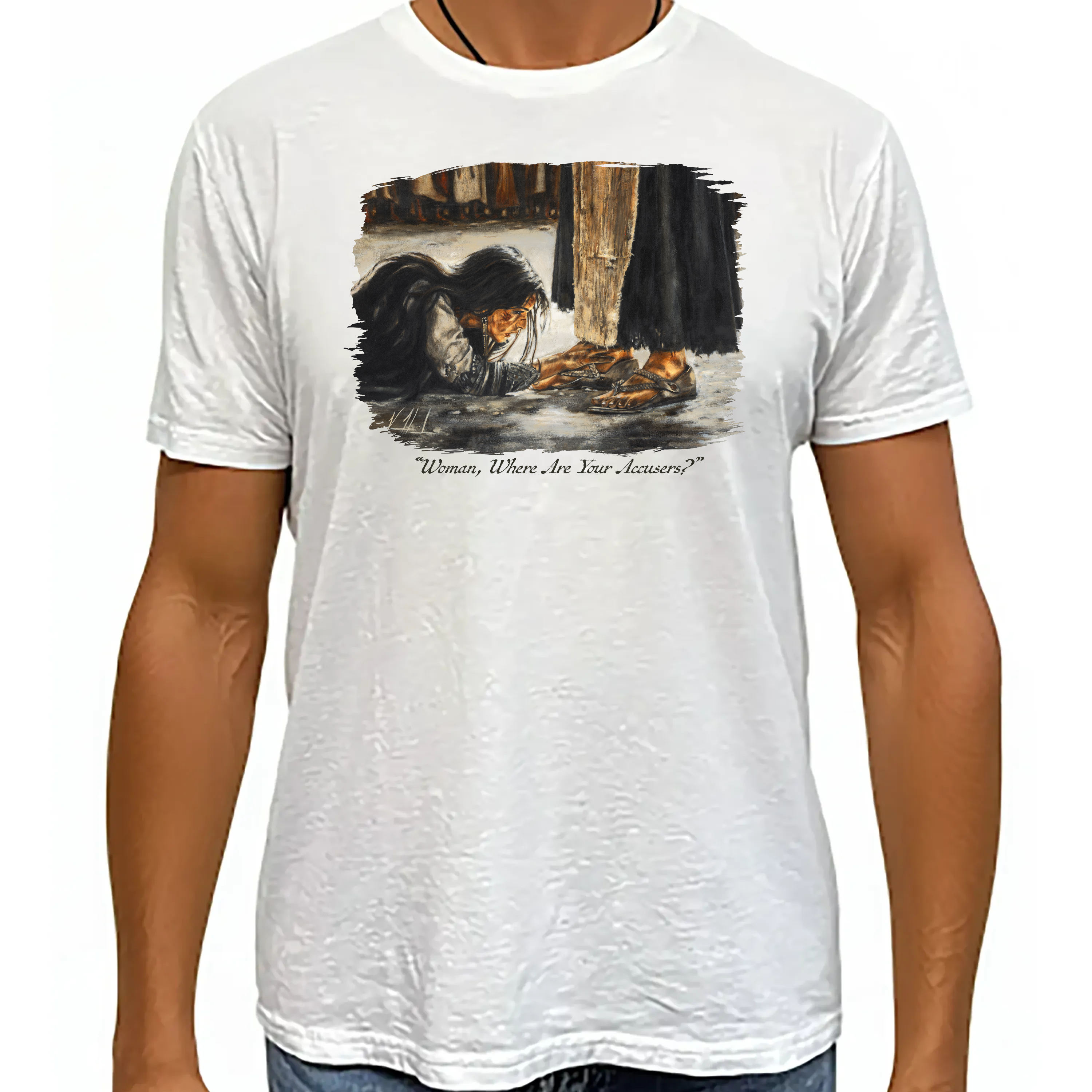 "Woman, Where Are Your Accusers?" - Unisex T (Organic Bamboo) Vanessa Horabuena Short Sleeve Frost (White) XS